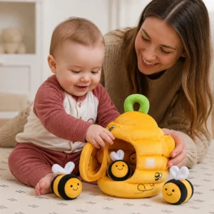 Baby Beehive Sensory Toy with Bee Rattles Squeaker and Mirror