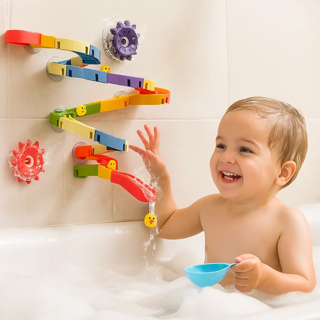 Water Slide Bath Toy for Toddlers โ DIY Track with Suction Cups and Rolling Ducks for Fun Bathtime Play