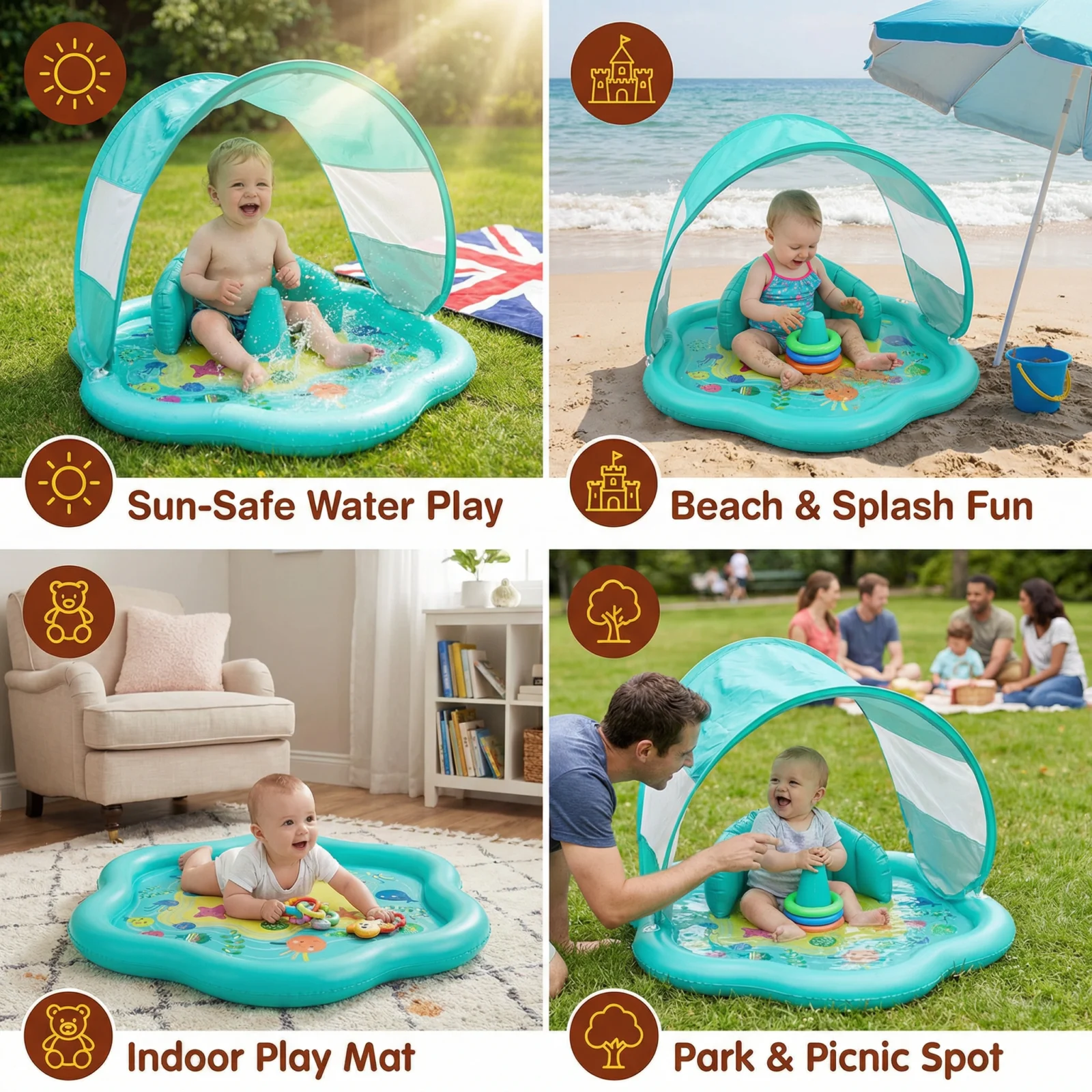 Inflatable Baby Splash Play Mat with Canopy โ Water Play & Sun Protection for Toddlers