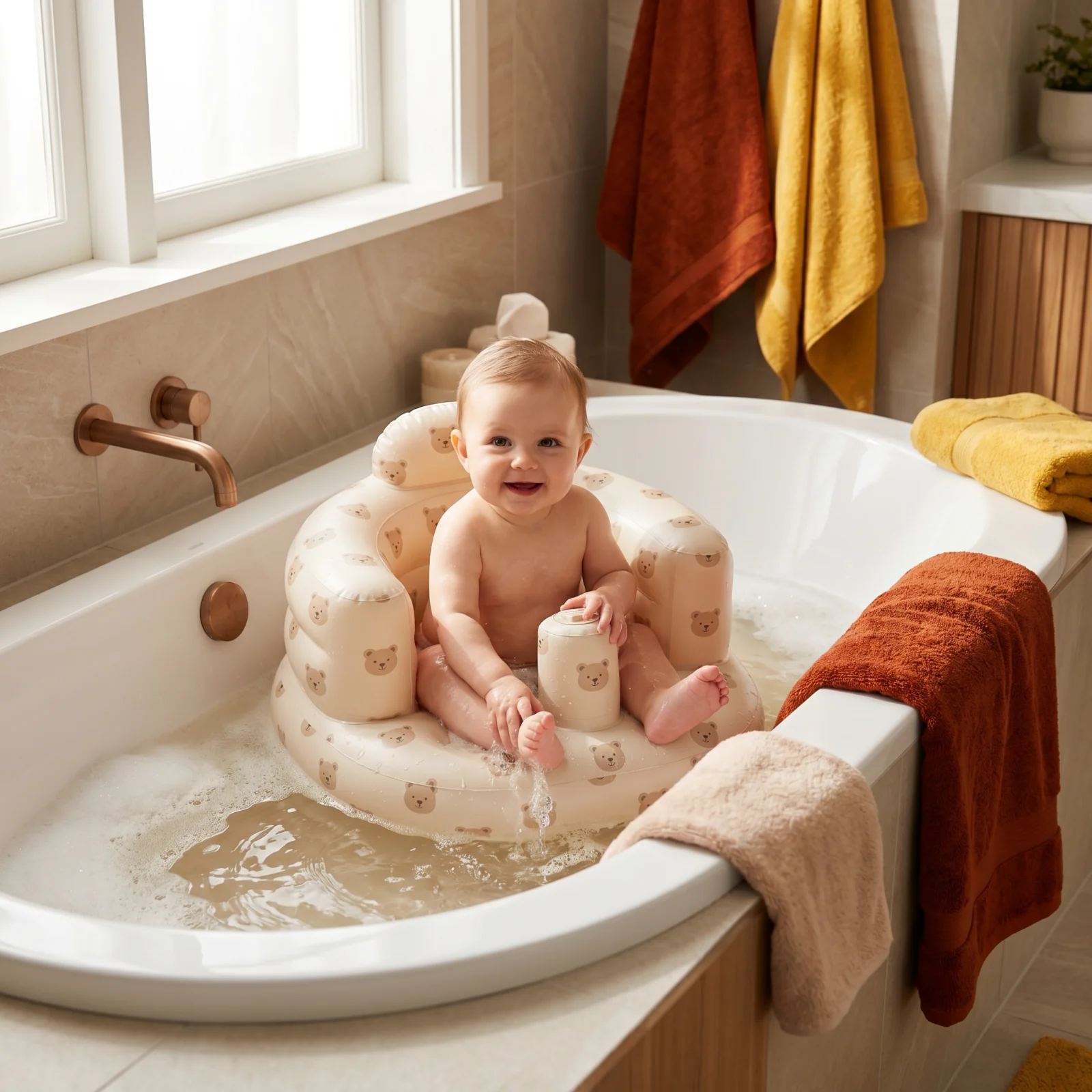 Inflatable Baby Seat with Bear Print for Sitting and Bath