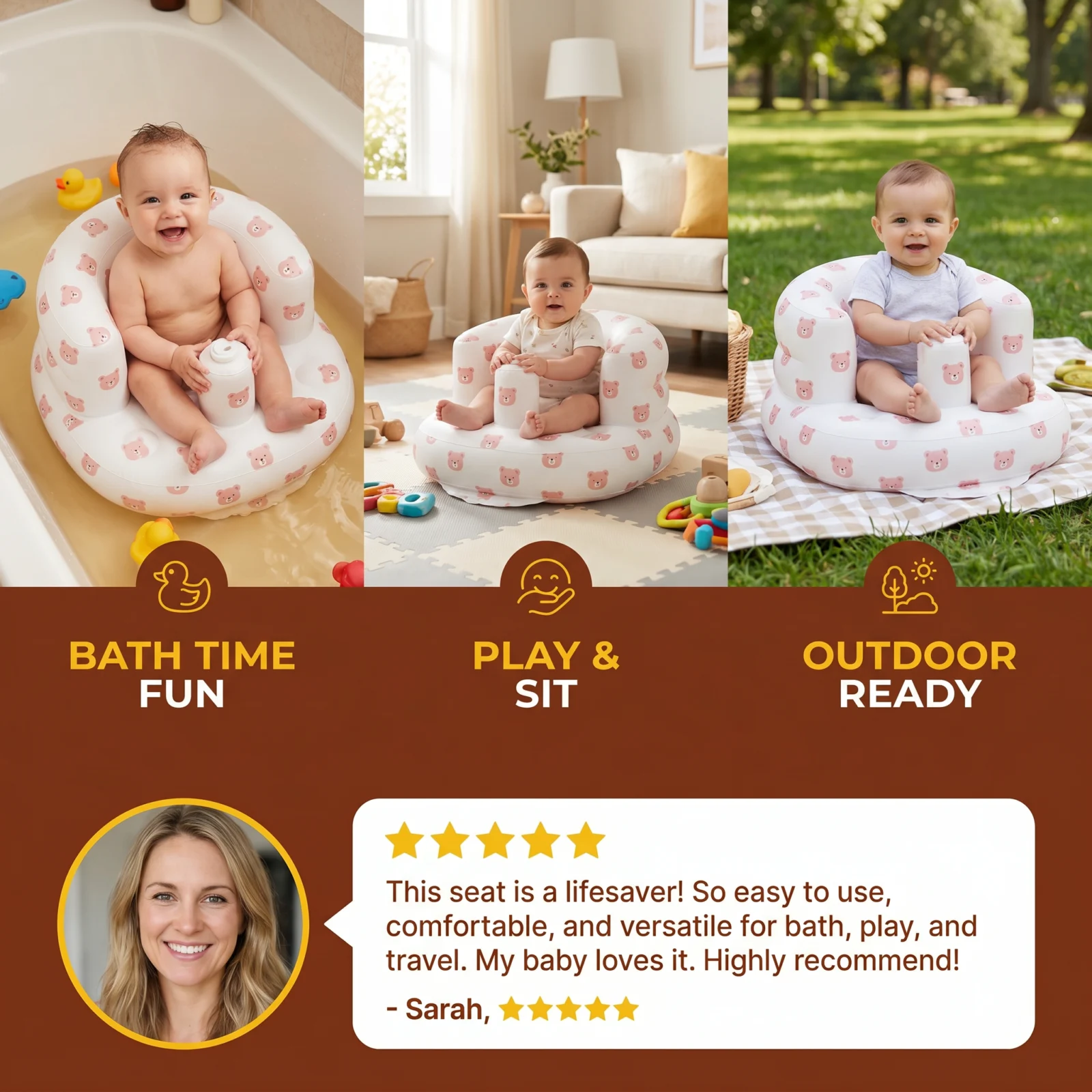 Inflatable Baby Seat with Bear Print for Sitting and Bath