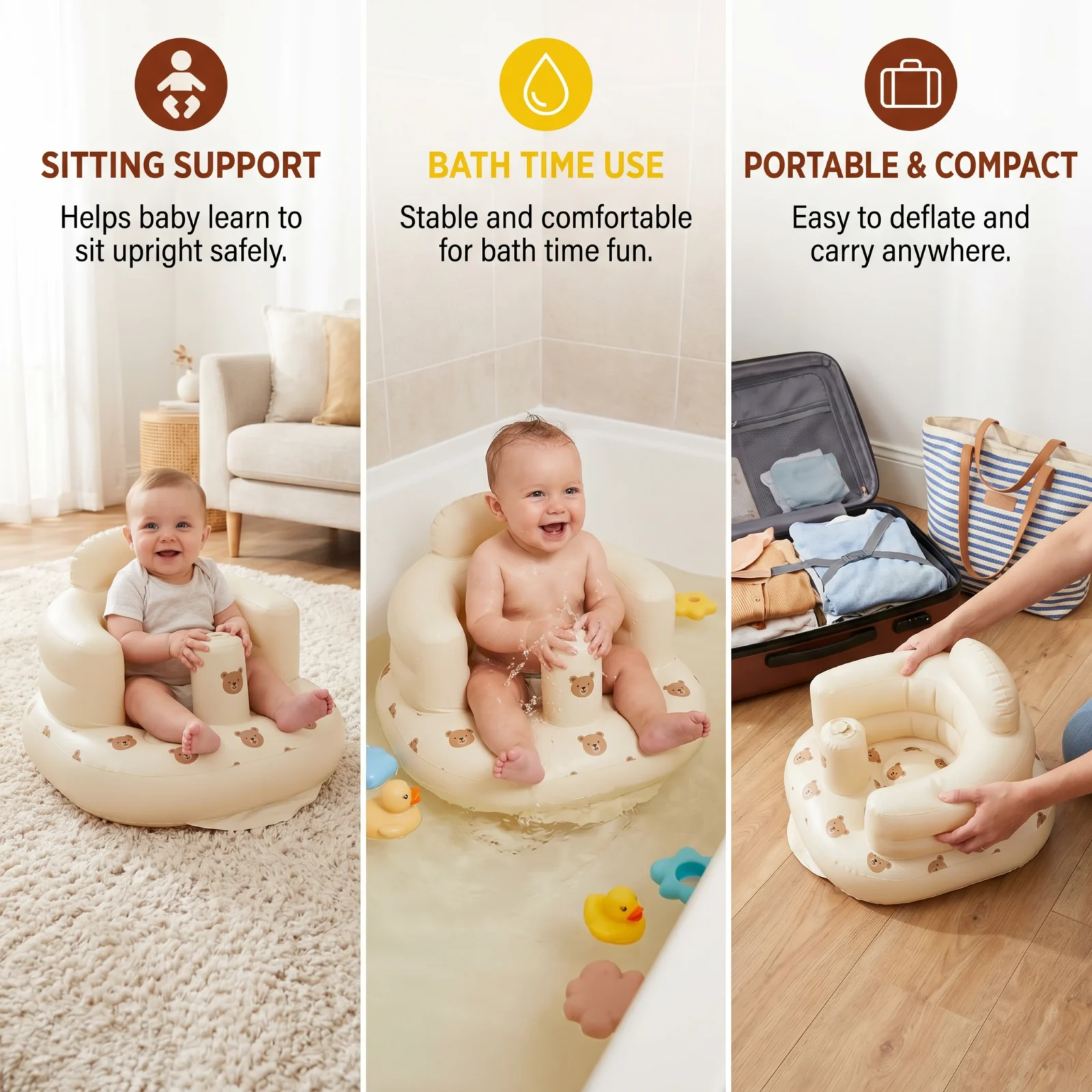 Inflatable Baby Seat with Bear Print for Sitting and Bath