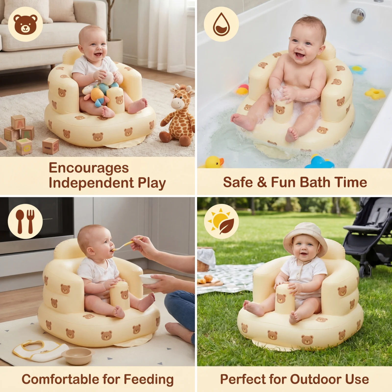 Inflatable Baby Seat with Bear Print for Sitting and Bath