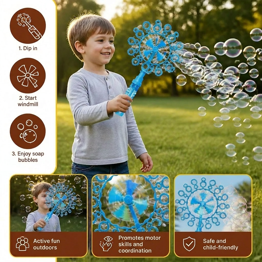 Kids Bubble Wand Toy Set with Windmill Design for Outdoor Fun - Image 2