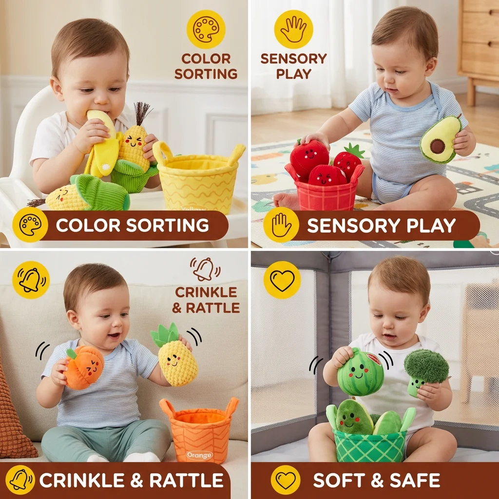 Soft Fruit & Vegetable Learning Toy for Babies โ 4-Pack Color Sorting Set with Rattle and Crinkle Effect