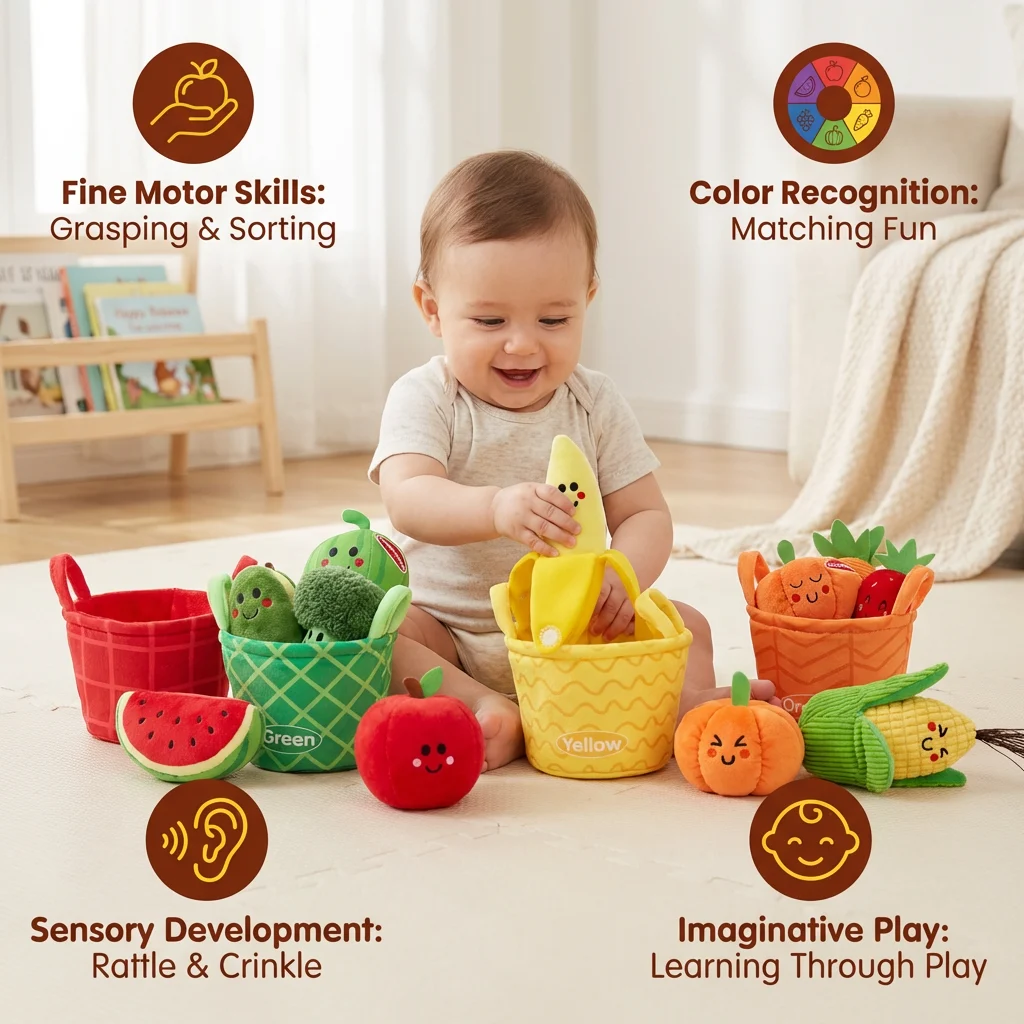 Soft Fruit & Vegetable Learning Toy for Babies โ 4-Pack Color Sorting Set with Rattle and Crinkle Effect