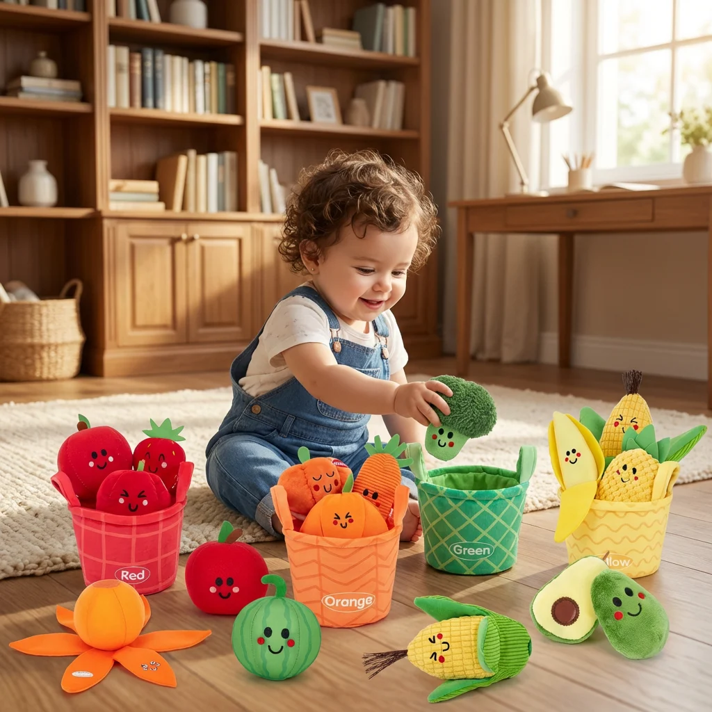 Soft Fruit & Vegetable Learning Toy for Babies โ 4-Pack Color Sorting Set with Rattle and Crinkle Effect