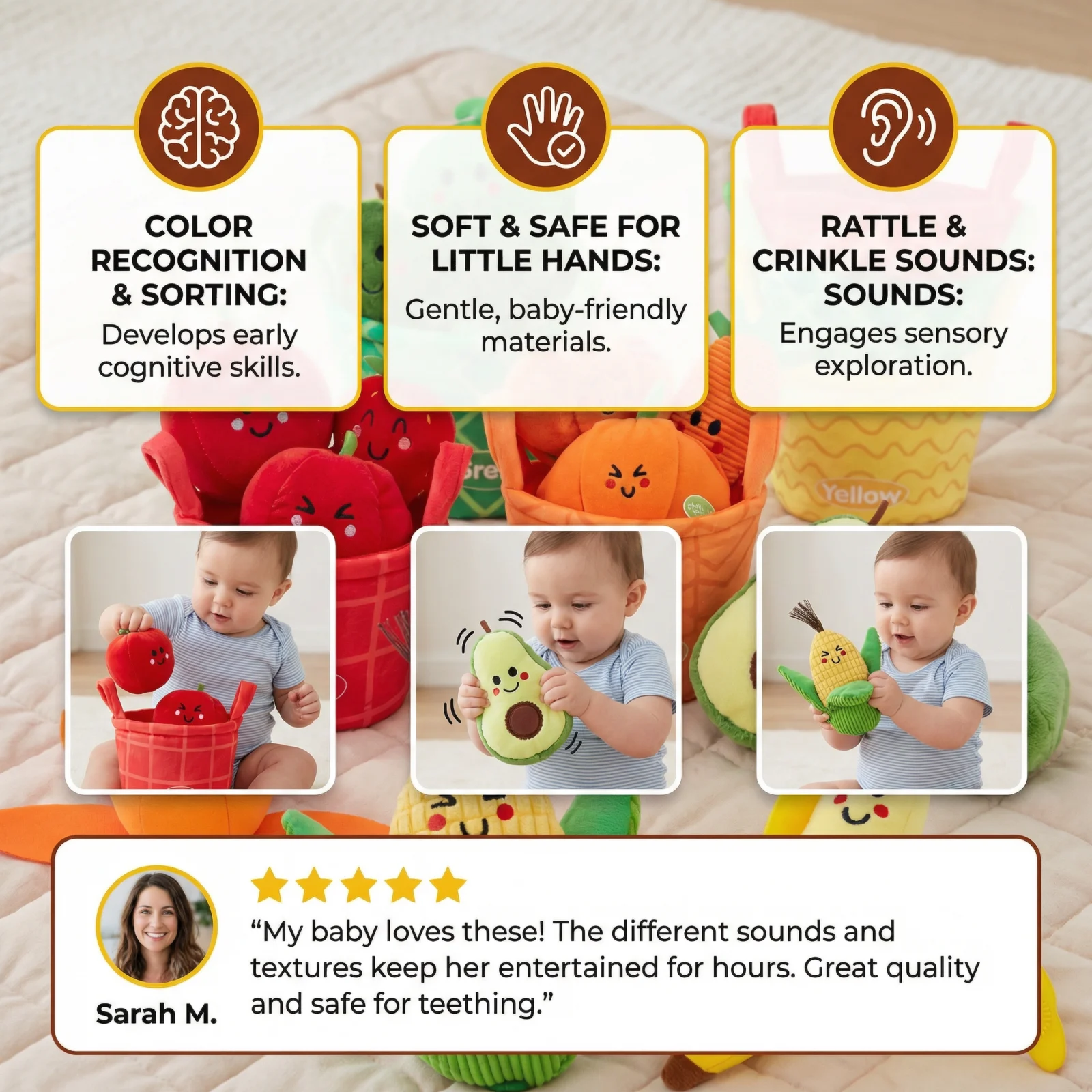 Soft Fruit & Vegetable Learning Toy for Babies โ 4-Pack Color Sorting Set with Rattle and Crinkle Effect