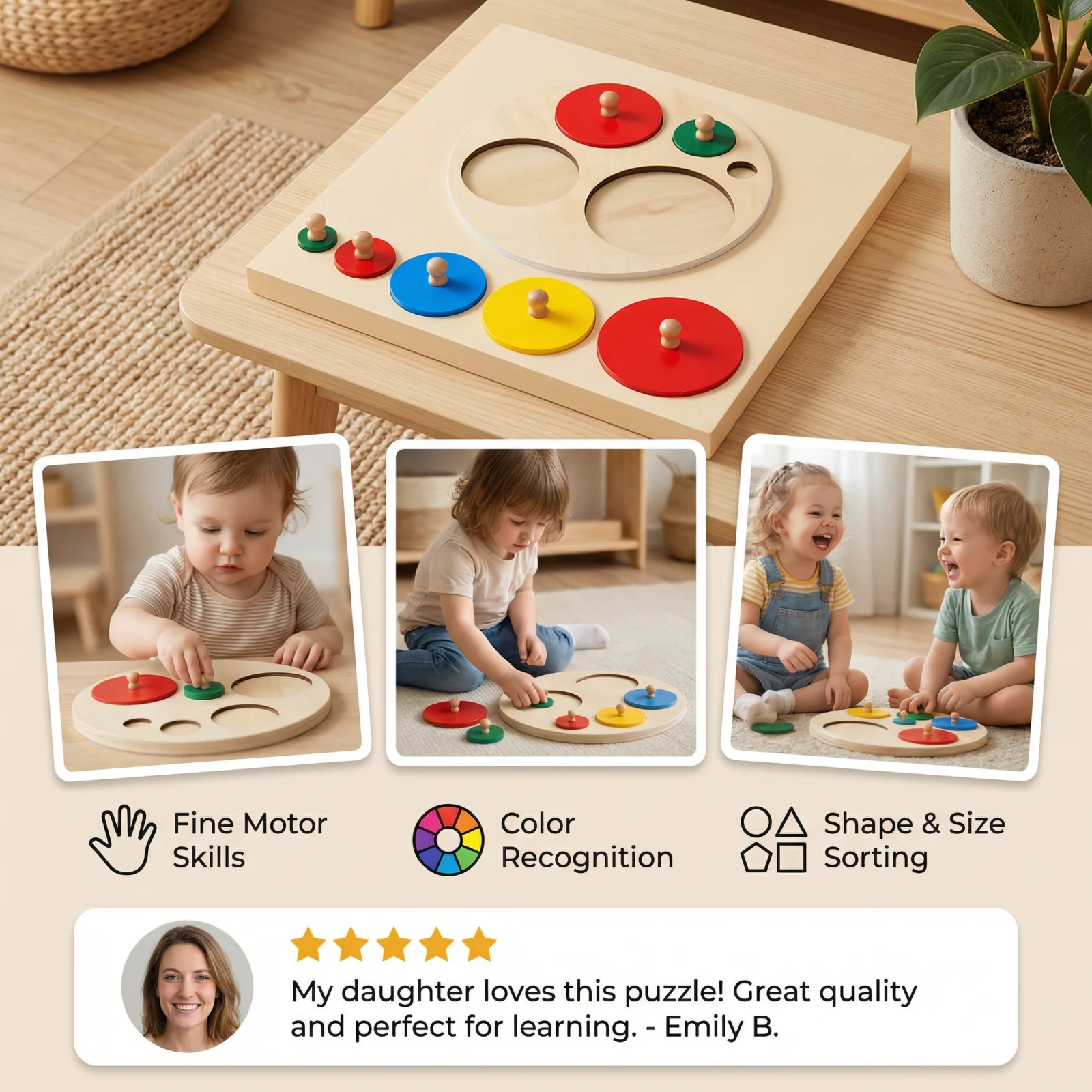 Montessori Wooden Shape Puzzle – Color Sorting Learning Toy for Kids