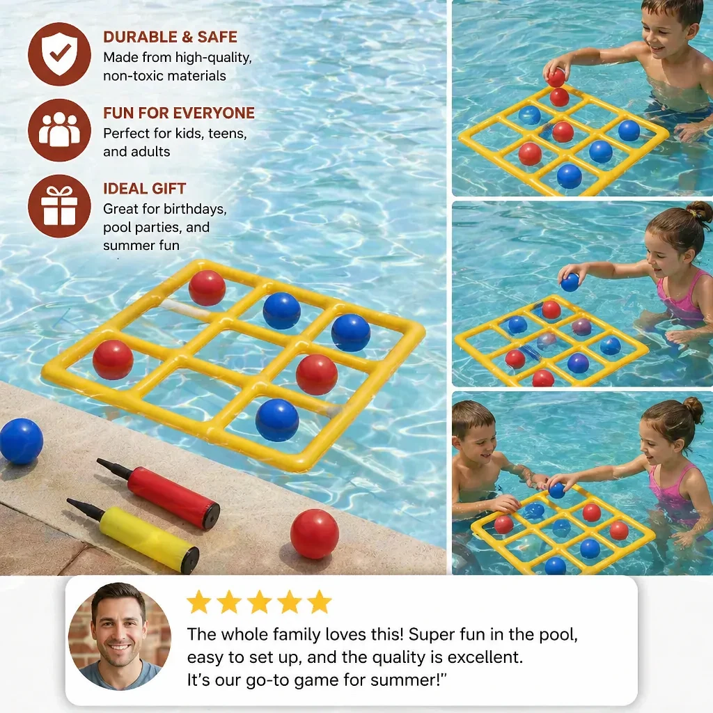 Inflatable Pool Tic-Tac-Toe Game Set โ Water Party Game with Balls & Pump