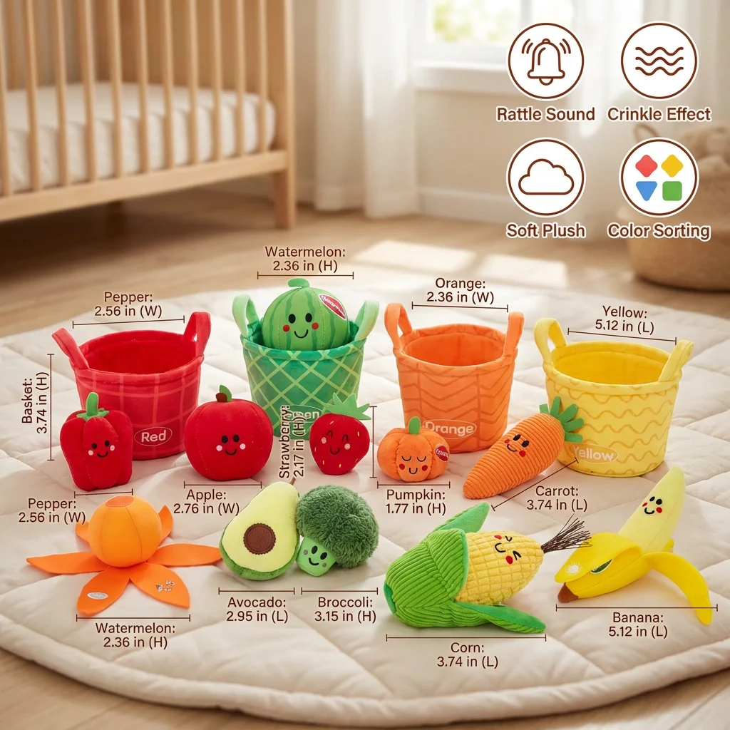 Soft Fruit & Vegetable Learning Toy for Babies โ 4-Pack Color Sorting Set with Rattle and Crinkle Effect