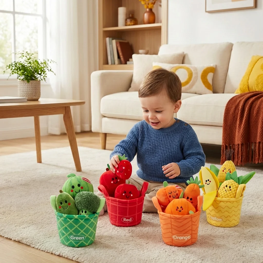 Soft Fruit & Vegetable Learning Toy for Babies โ 4-Pack Color Sorting Set with Rattle and Crinkle Effect
