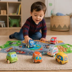 Soft Pull-Back Car Toy Set with Foldable Playmat Carry Bag for Toddlers