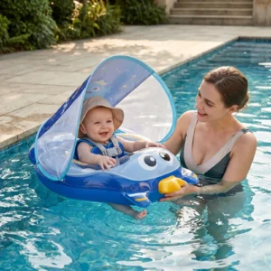 Inflatable Baby Swim Ring with Shoulder Straps & Sun Canopy – Safe Pool Seat for Babies