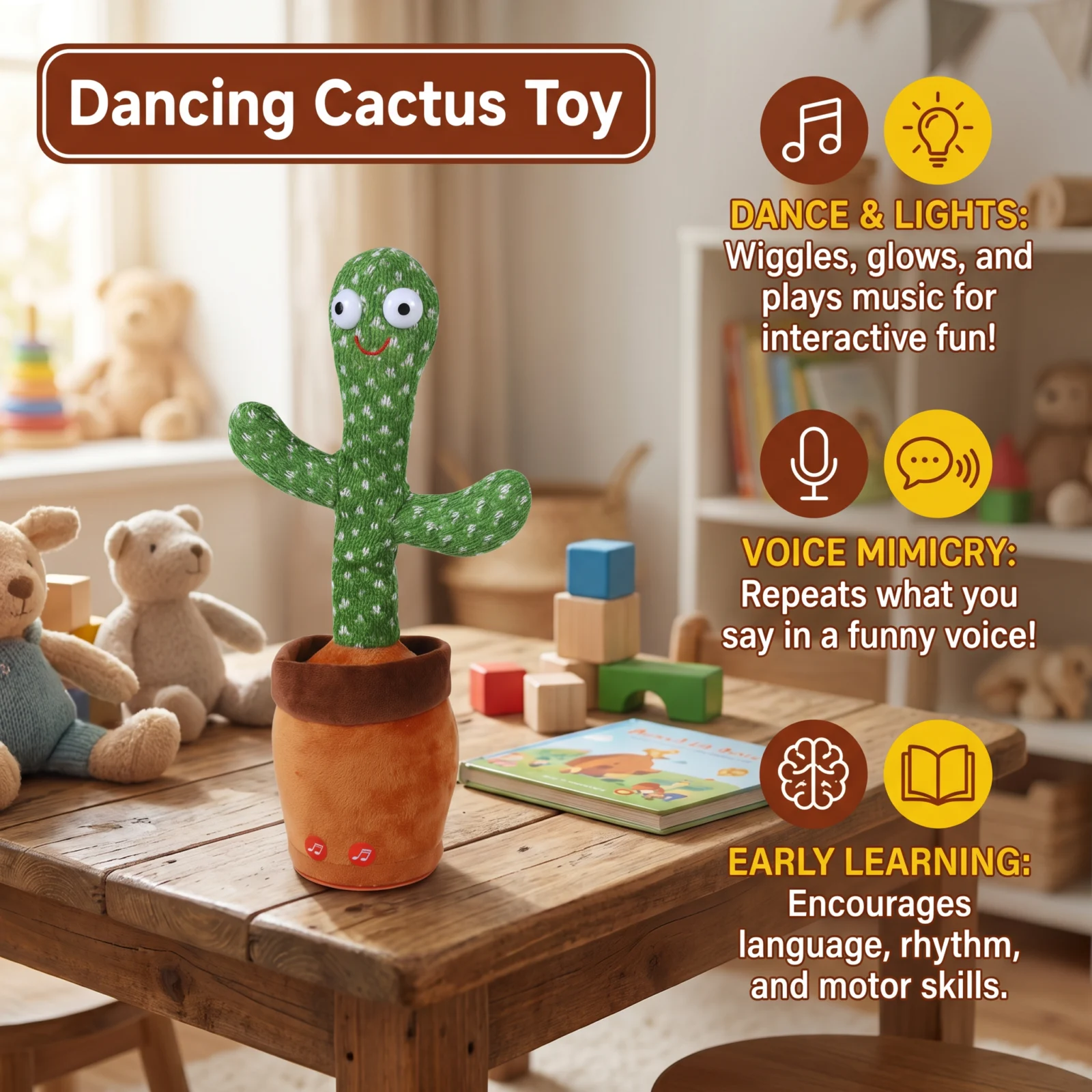 Dancing Cactus Toy for Kids ⎜ Singing Plush with Lights and Voice Mimicry for Interactive Musical Fun
