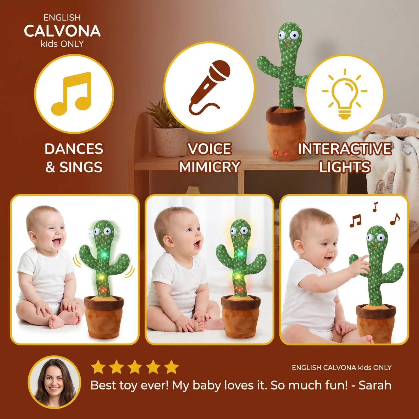 Dancing Cactus Toy for Kids ⎜ Singing Plush with Lights and Voice Mimicry for Interactive Musical Fun