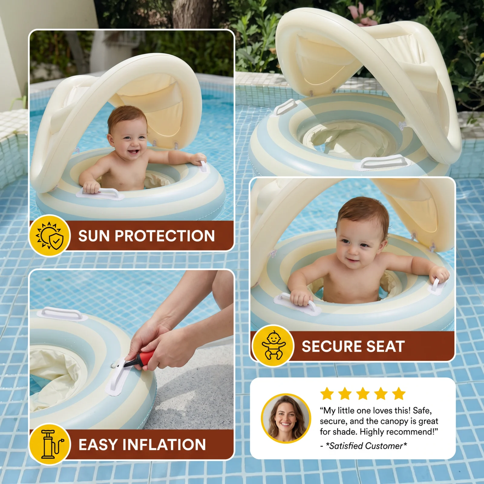 Inflatable Retro Lollipop Baby Swim Ring with Removable Sun Canopy – Secure Seat for 6–36 Months