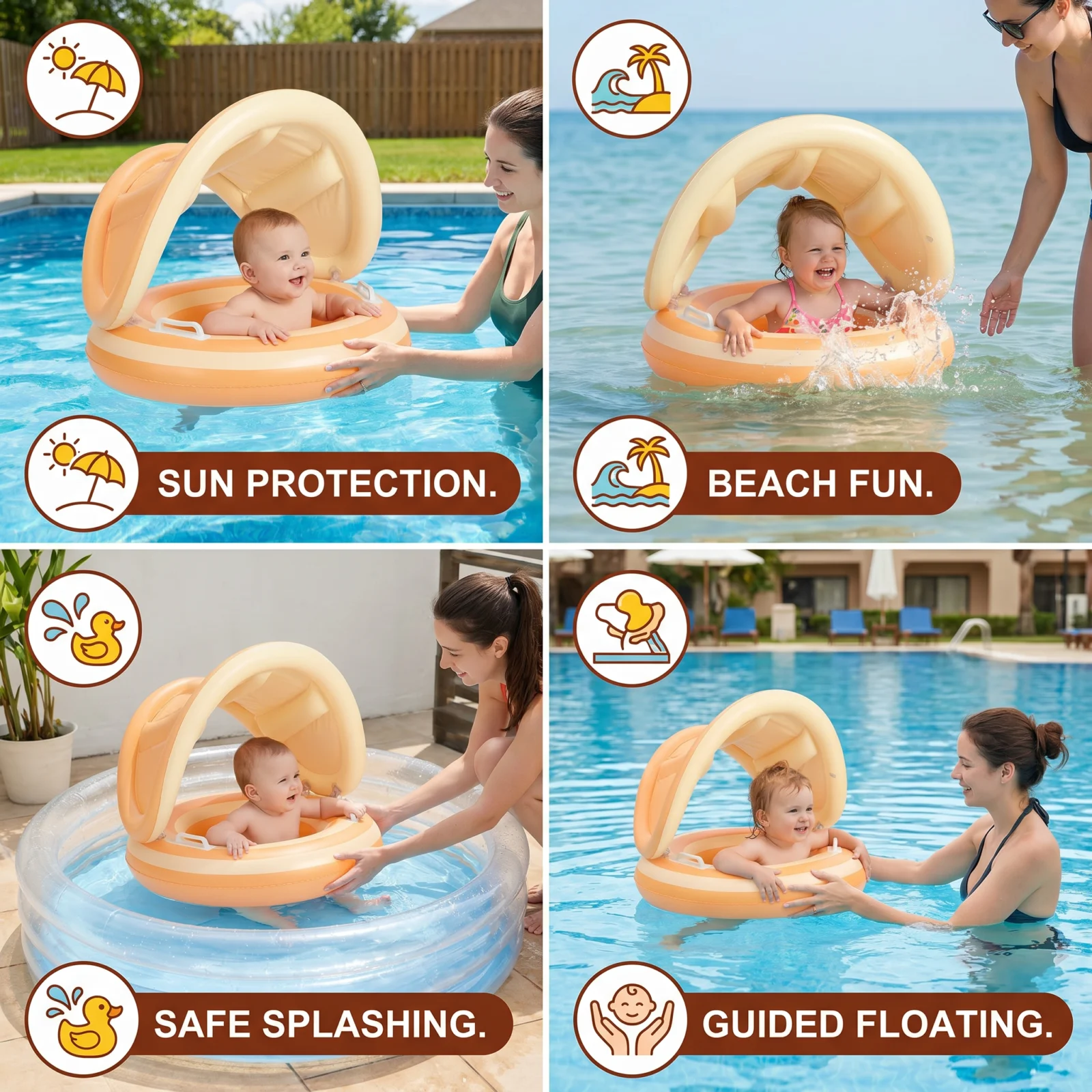 Inflatable Retro Lollipop Baby Swim Ring with Removable Sun Canopy – Secure Seat for 6–36 Months