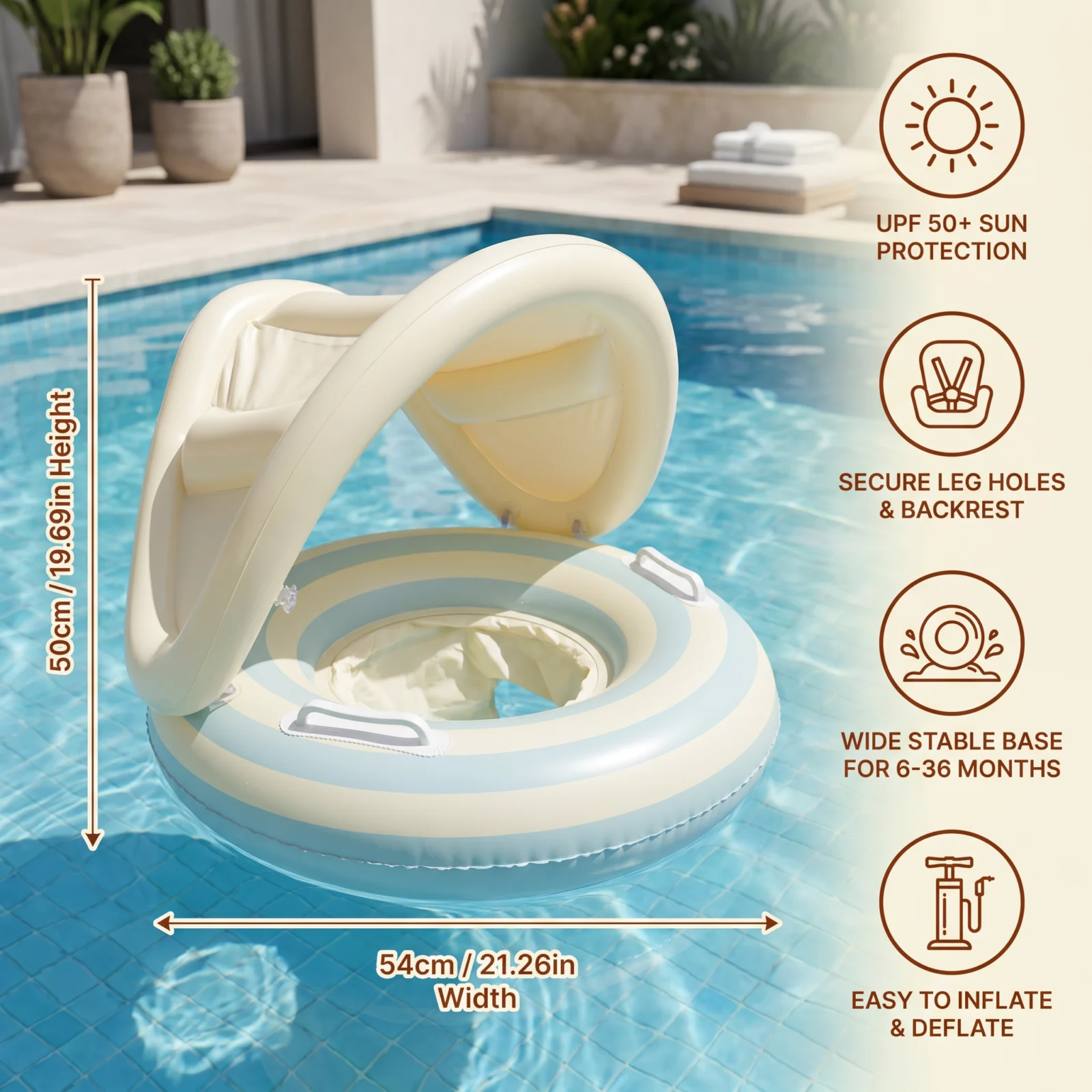Inflatable Retro Lollipop Baby Swim Ring with Removable Sun Canopy – Secure Seat for 6–36 Months