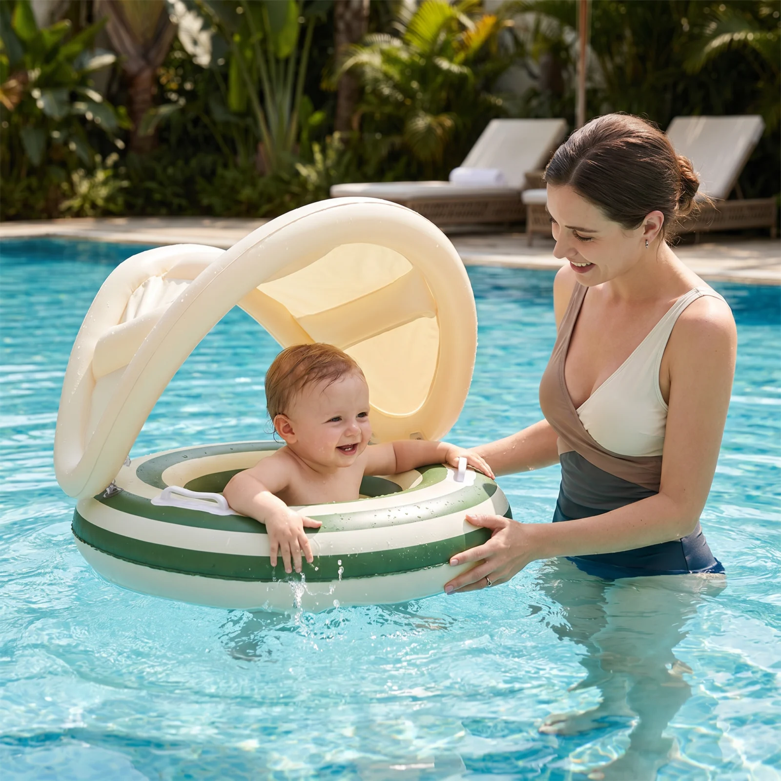 Inflatable Retro Lollipop Baby Swim Ring with Removable Sun Canopy – Secure Seat for 6–36 Months