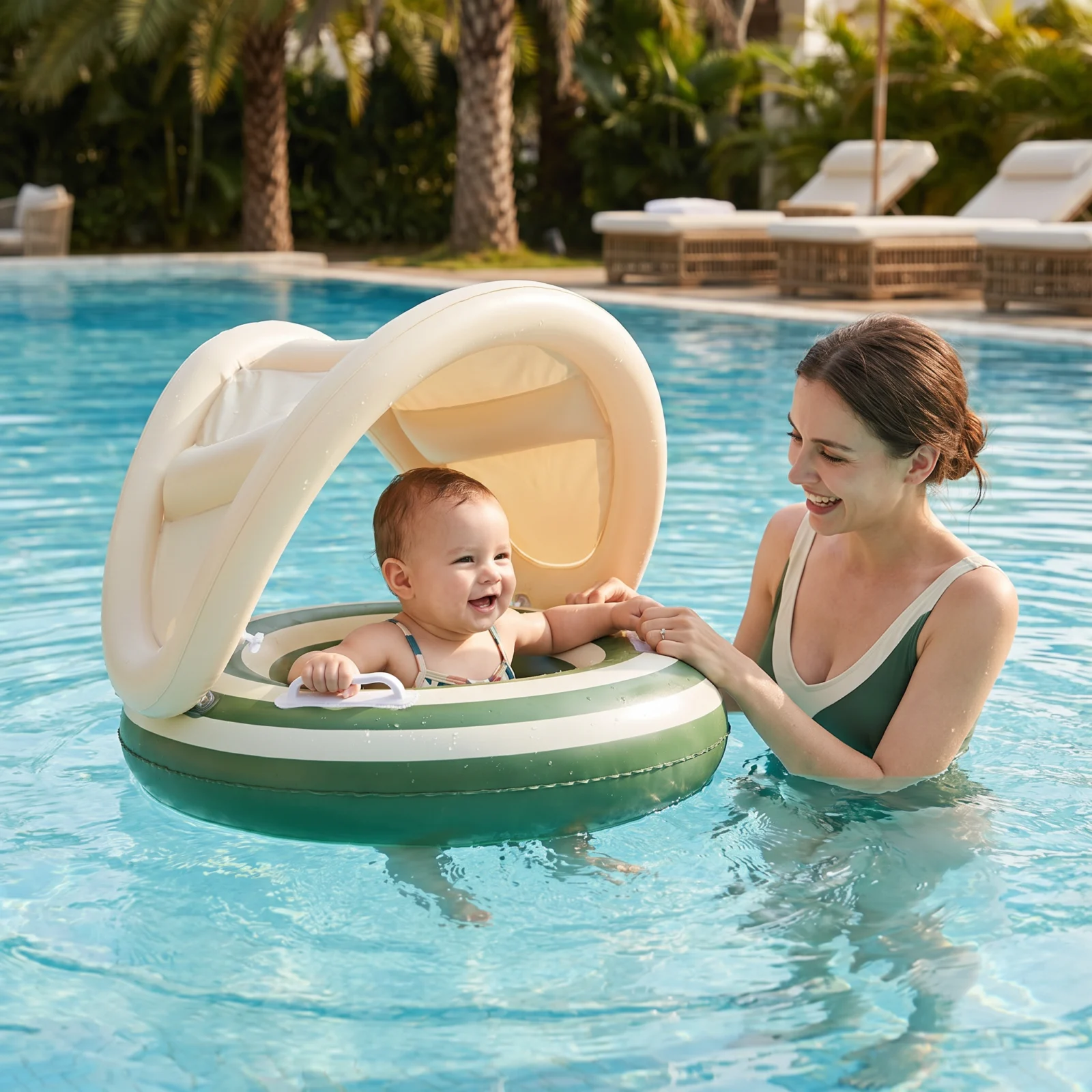 Inflatable Retro Lollipop Baby Swim Ring with Removable Sun Canopy – Secure Seat for 6–36 Months
