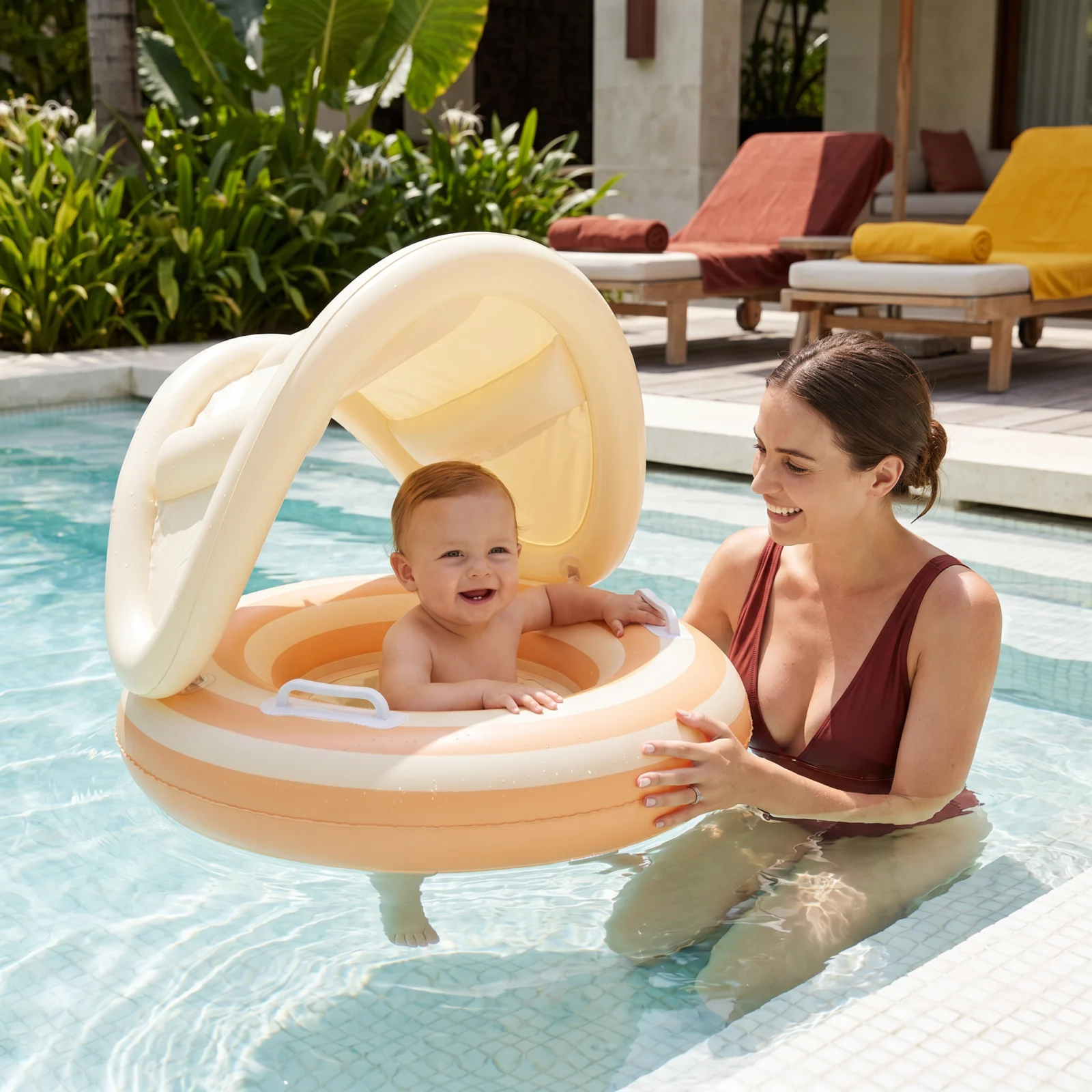 Inflatable Retro Lollipop Baby Swim Ring with Removable Sun Canopy – Secure Seat for 6–36 Months