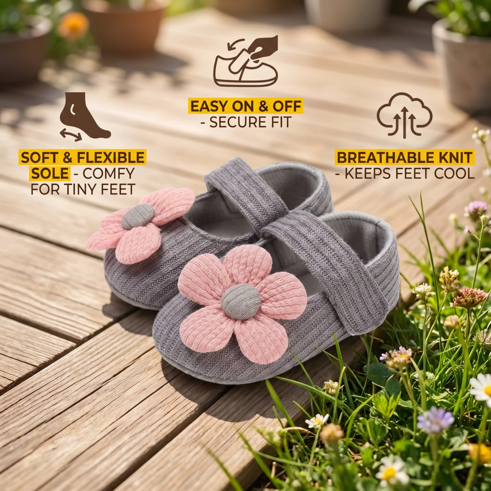 Summer baby shoes with soft soles in a floral design