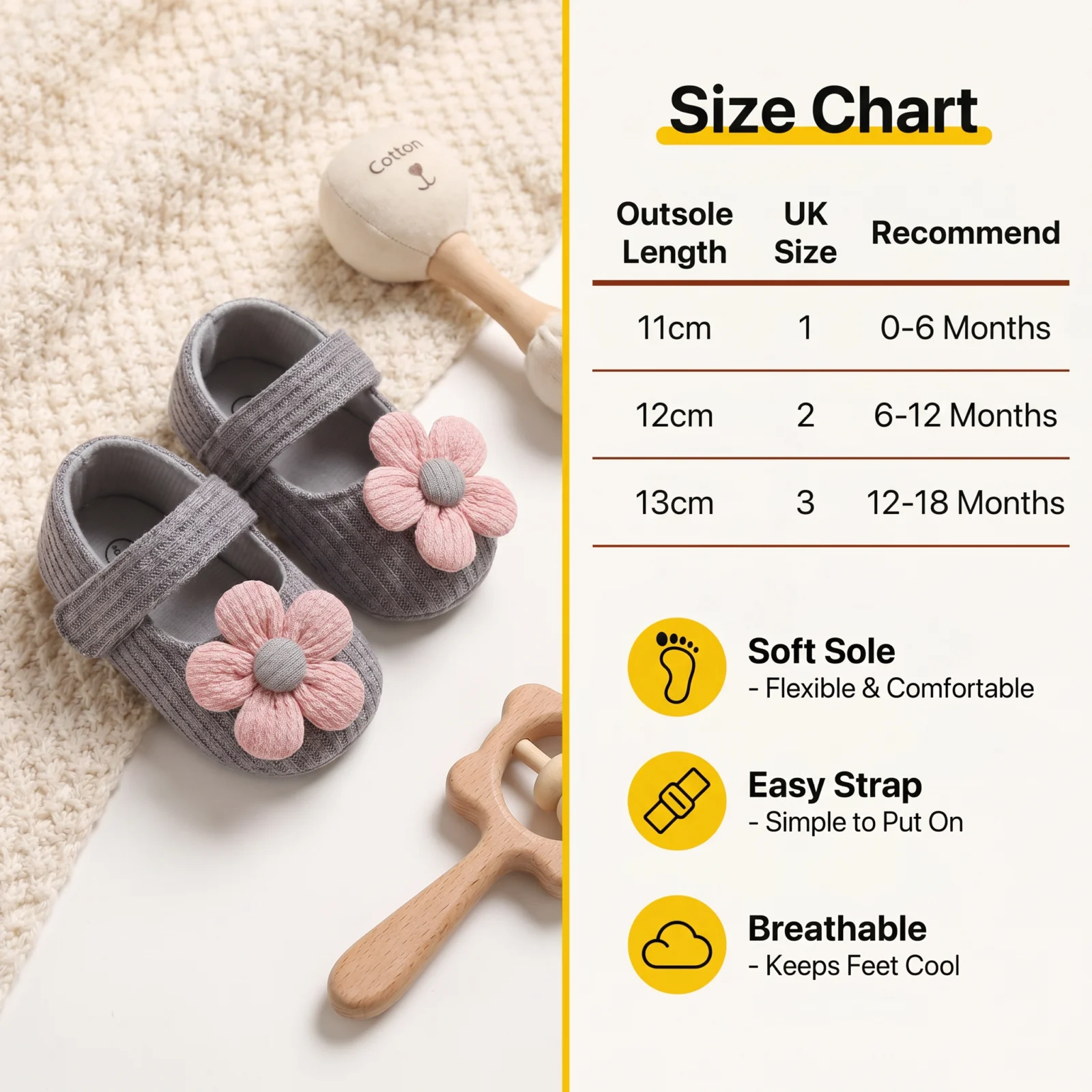 Summer baby shoes with soft soles in a floral design