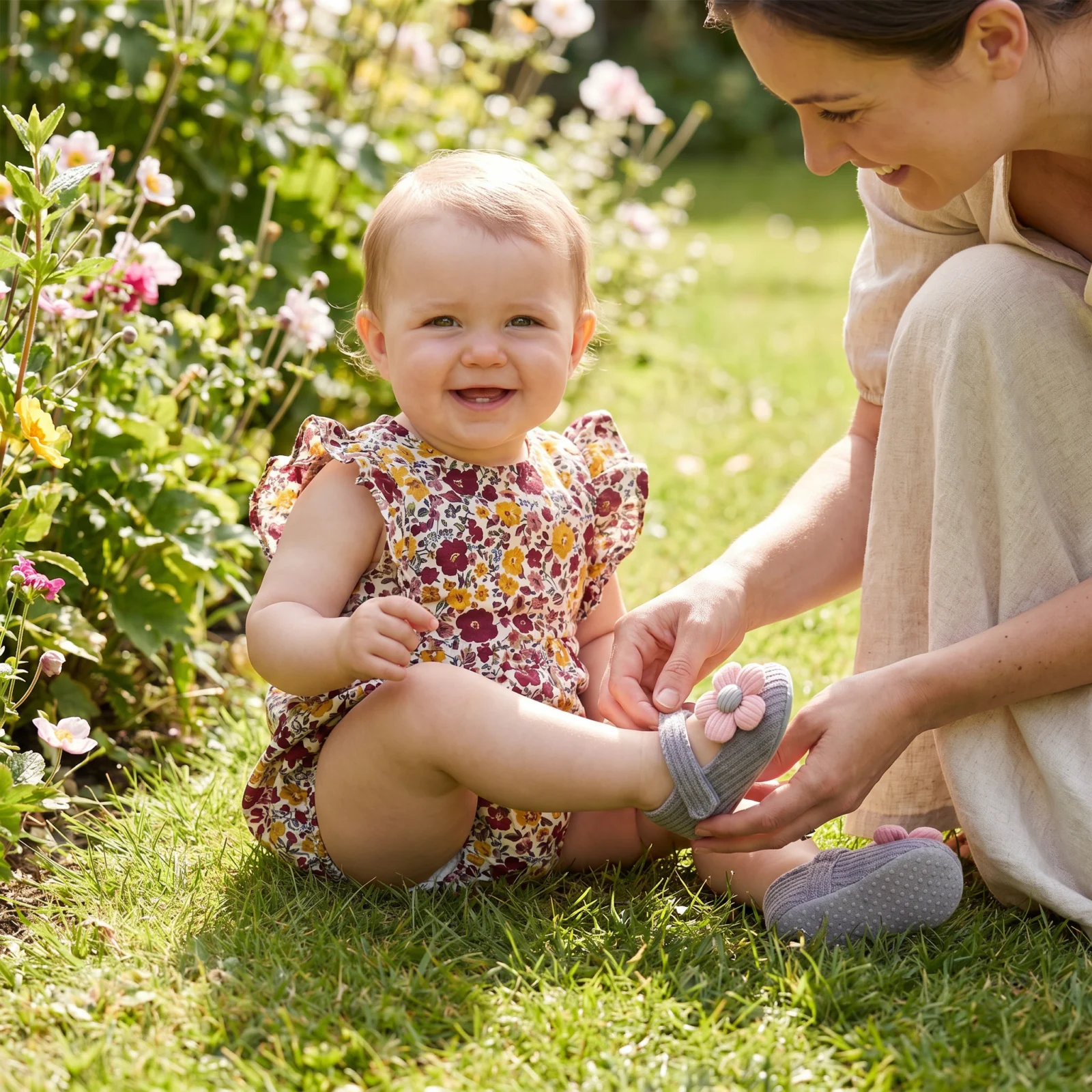 Summer baby shoes with soft soles in a floral design
