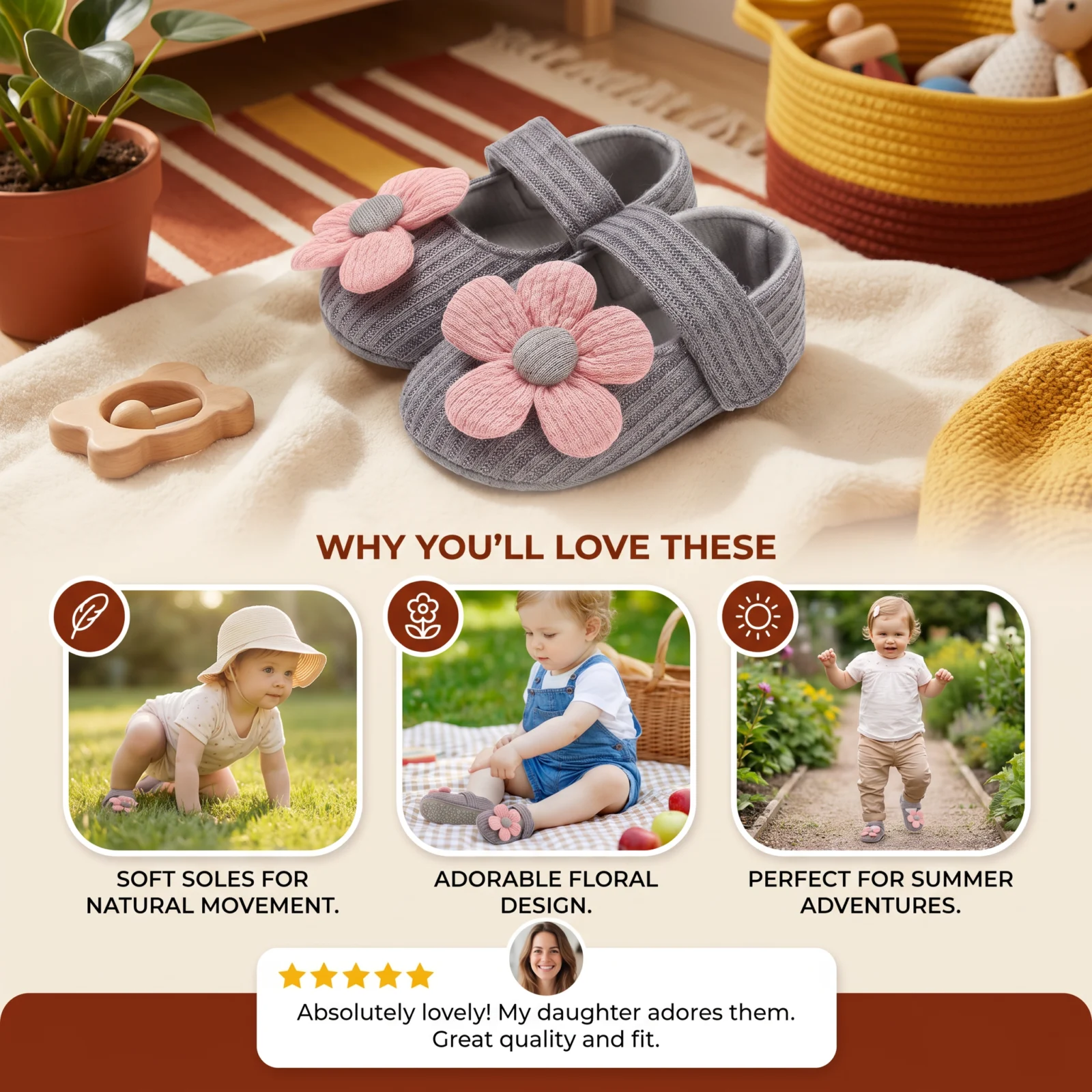 Summer baby shoes with soft soles in a floral design
