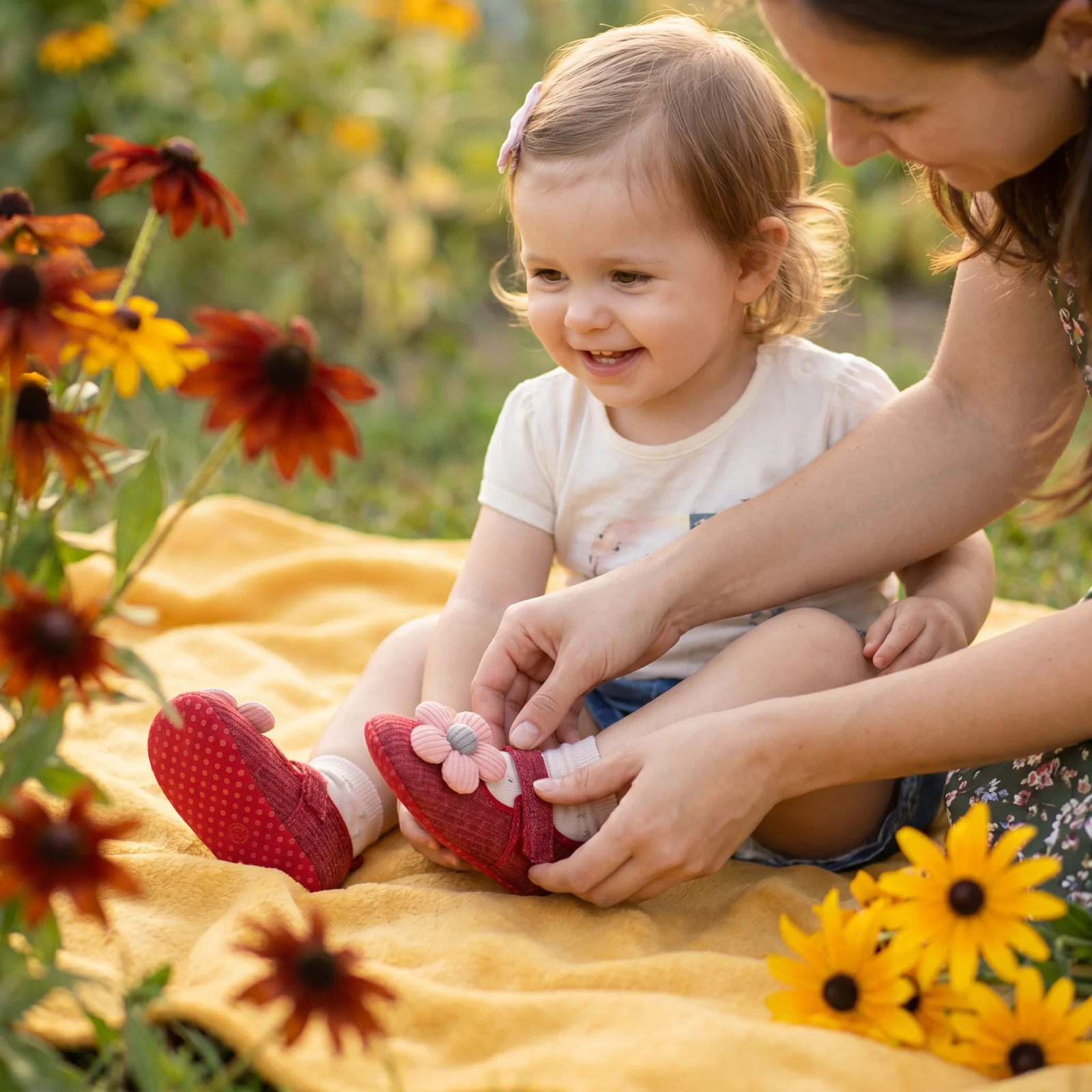 Summer baby shoes with soft soles in a floral design