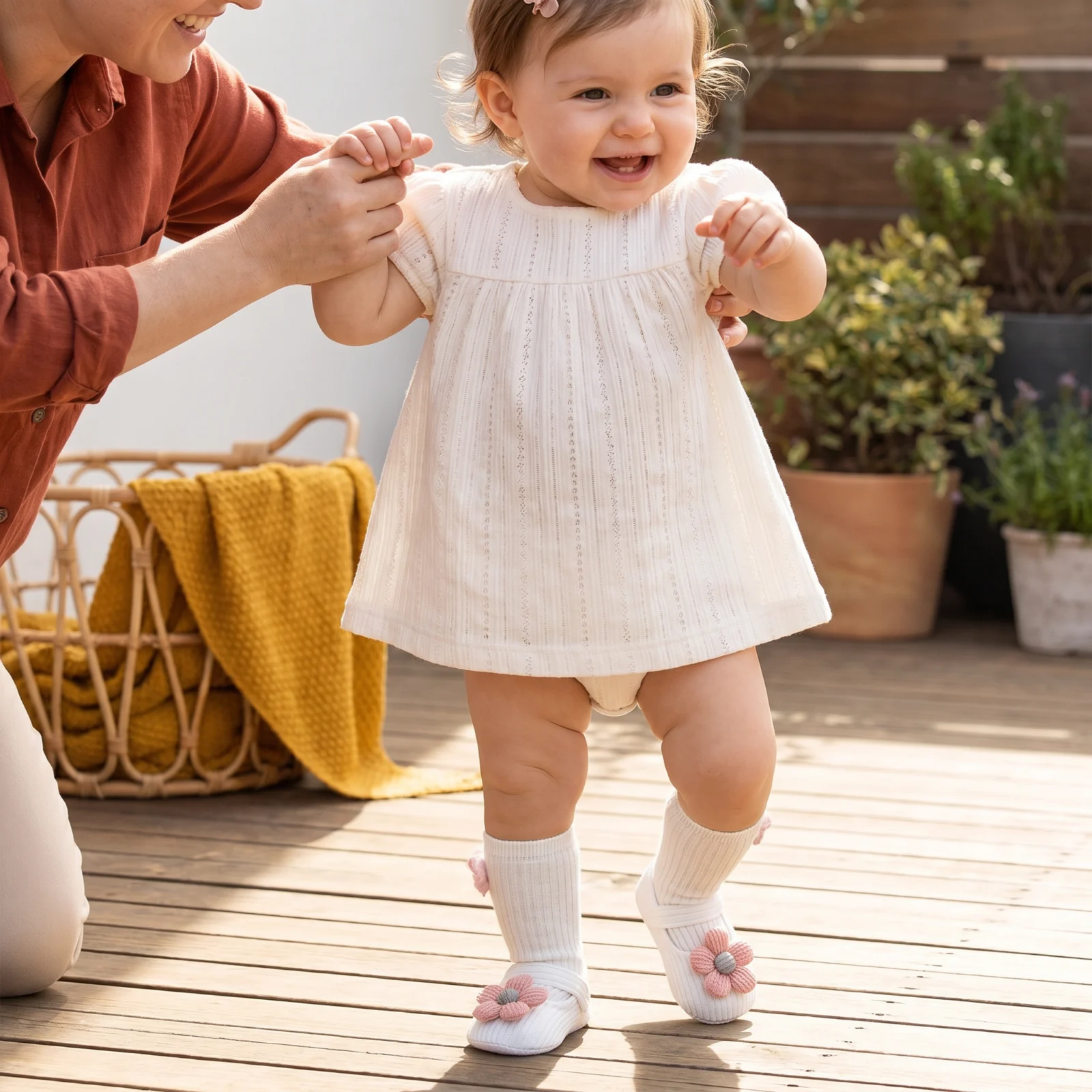 Summer baby shoes with soft soles in a floral design