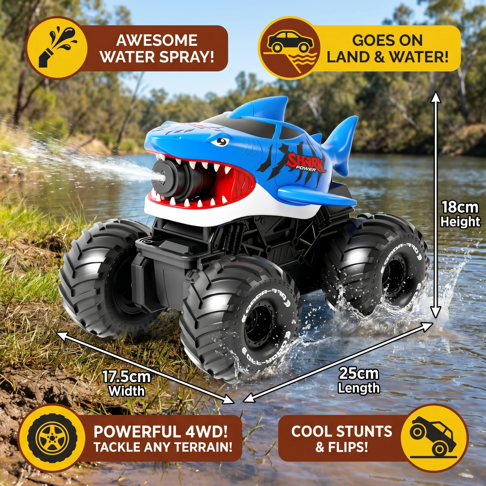 Remote Control Shark Amphibious Car for Land and Water with Water Spray