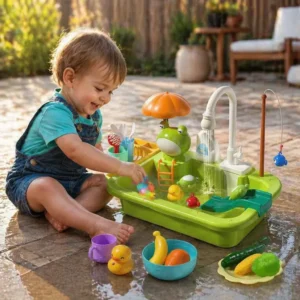 Kids Play Kitchen Sink Set with Running Water & Fishing Game