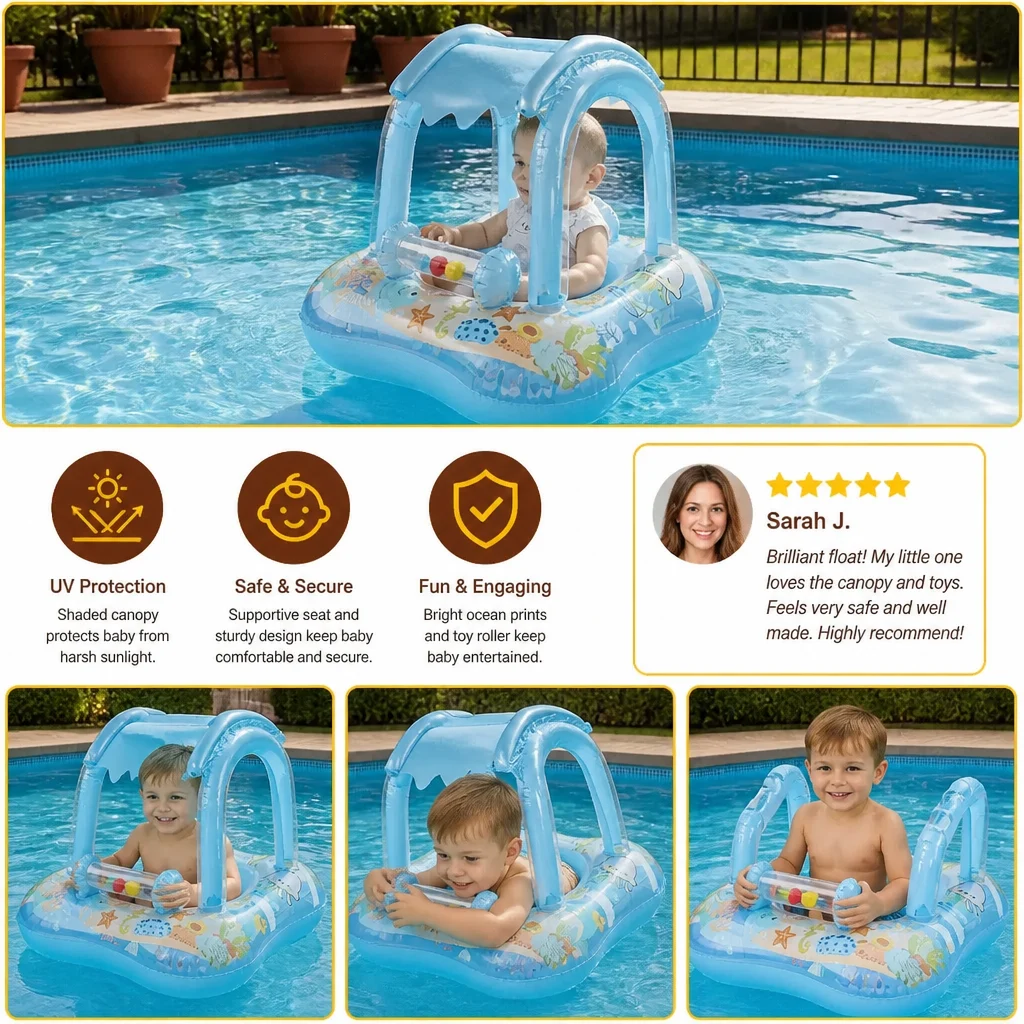 Inflatable Baby Pool Float with Canopy & Ocean Print