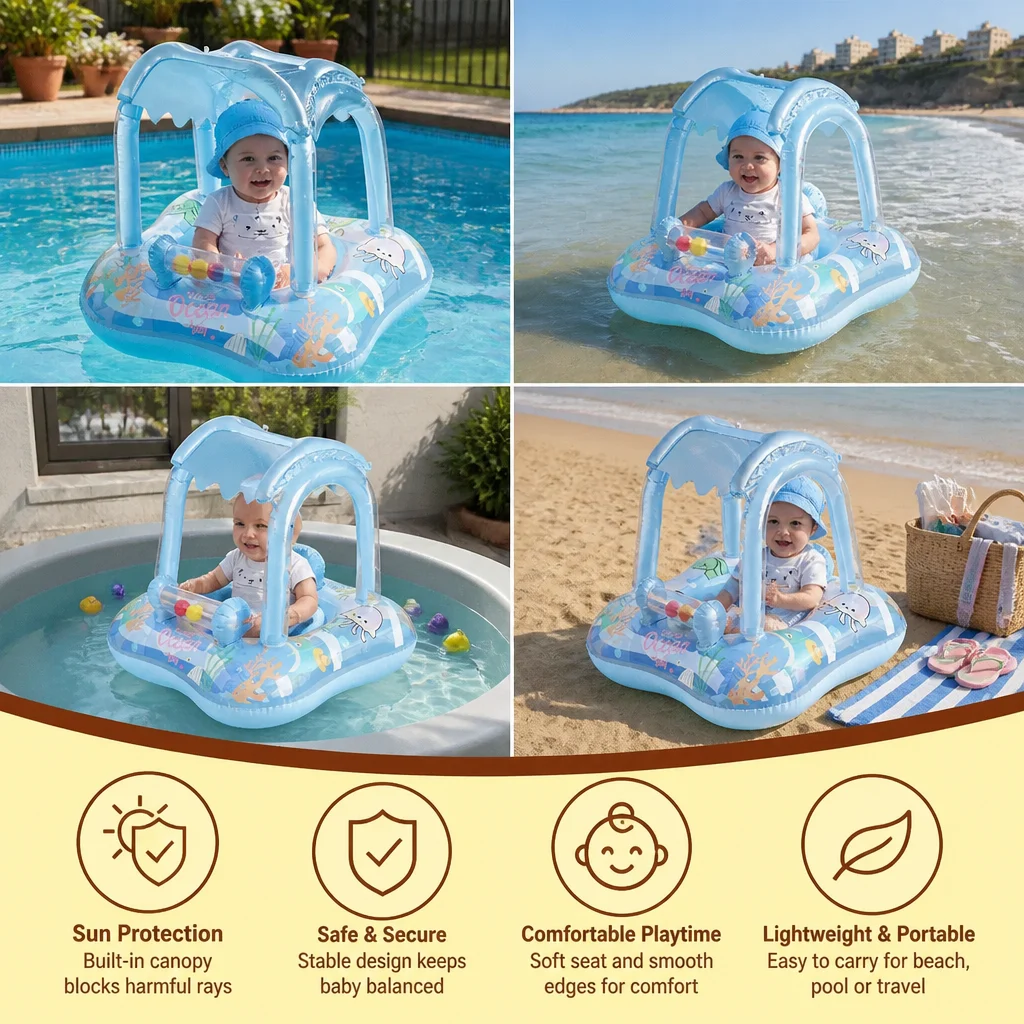 Inflatable Baby Pool Float with Canopy & Ocean Print