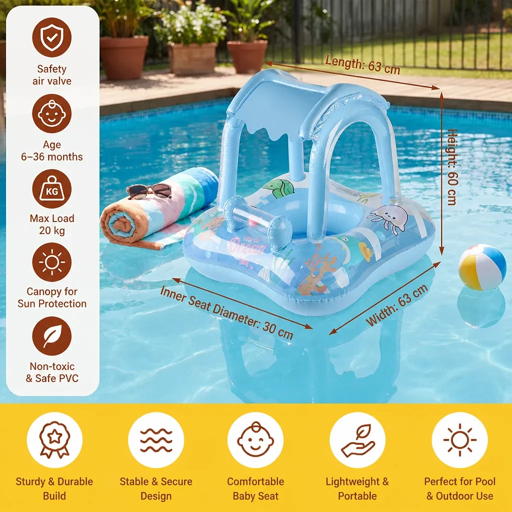 Inflatable Baby Pool Float with Canopy & Ocean Print