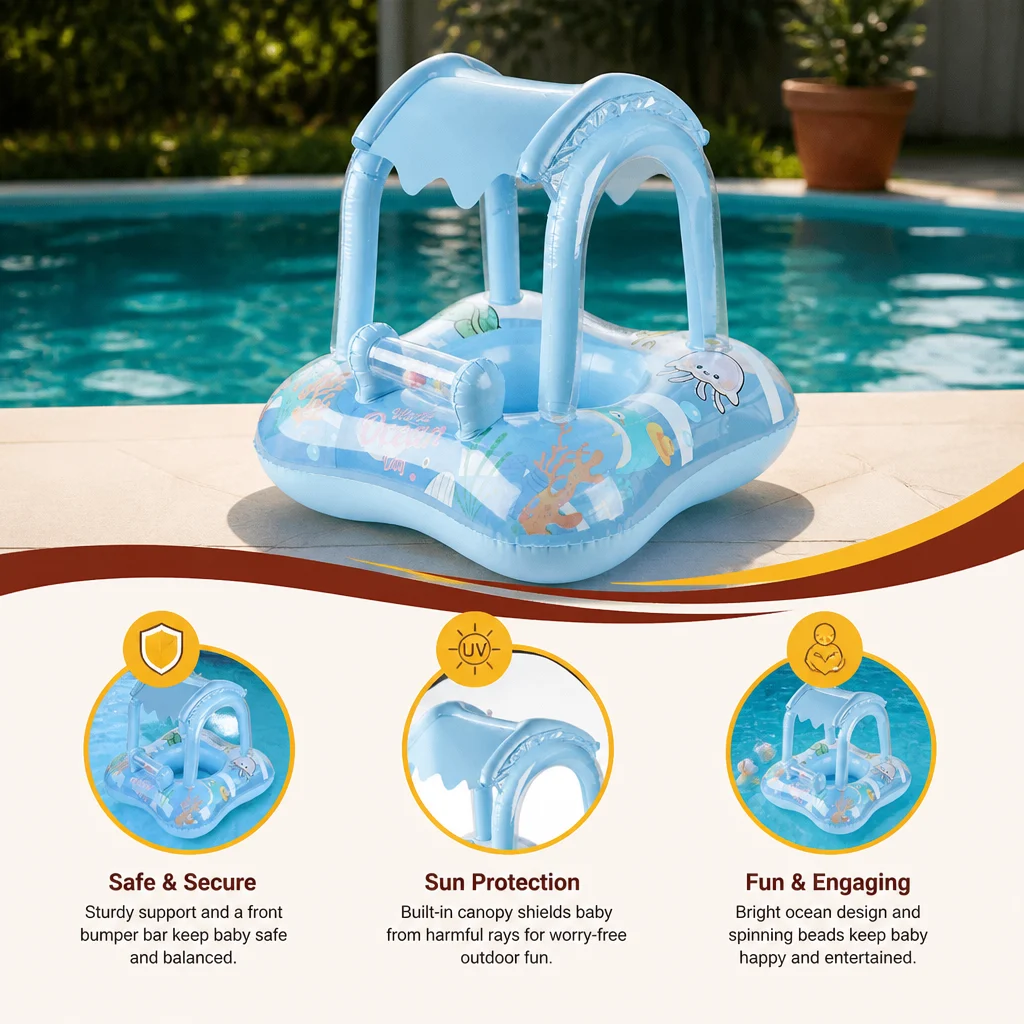 Inflatable Baby Pool Float with Canopy & Ocean Print