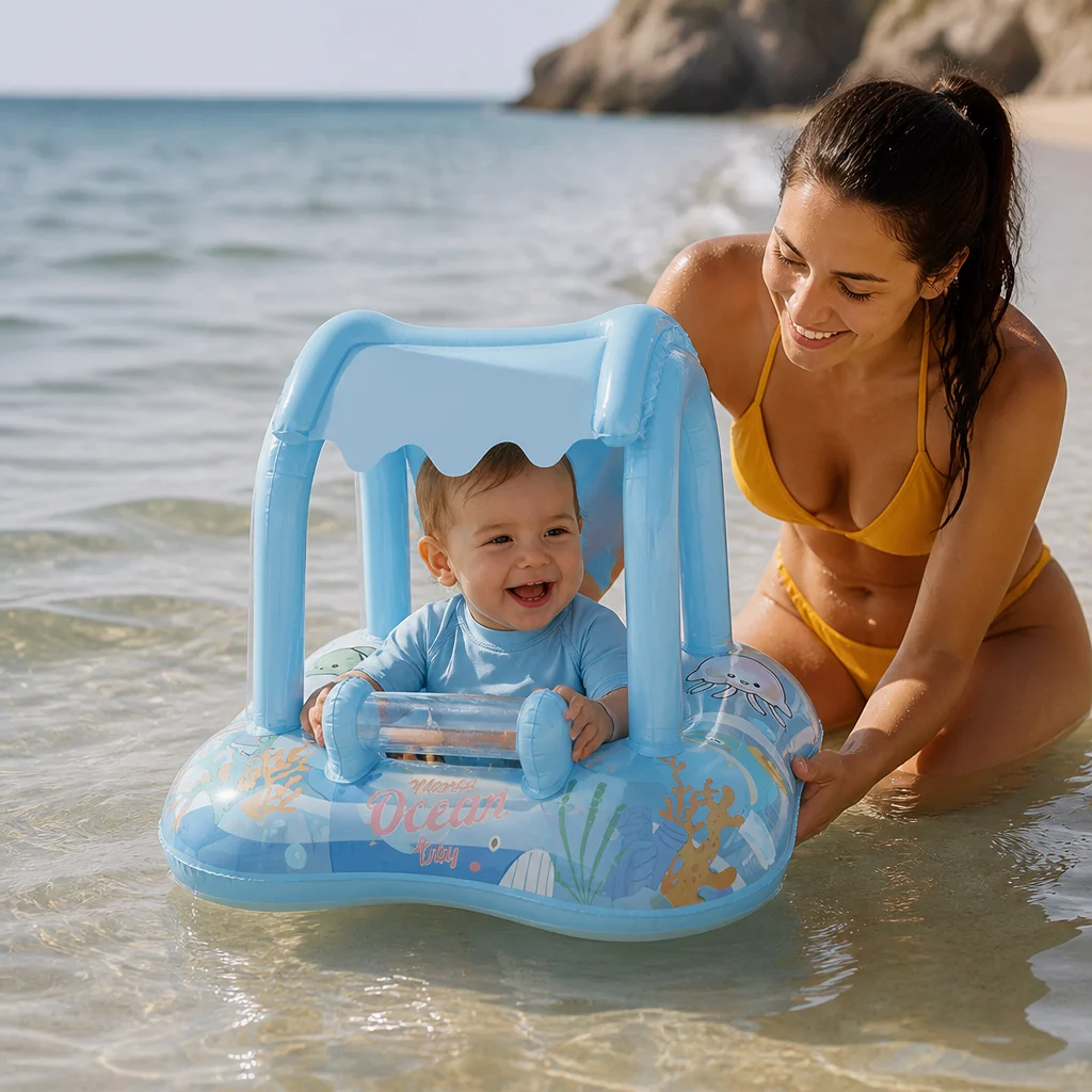 Inflatable Baby Pool Float with Canopy & Ocean Print