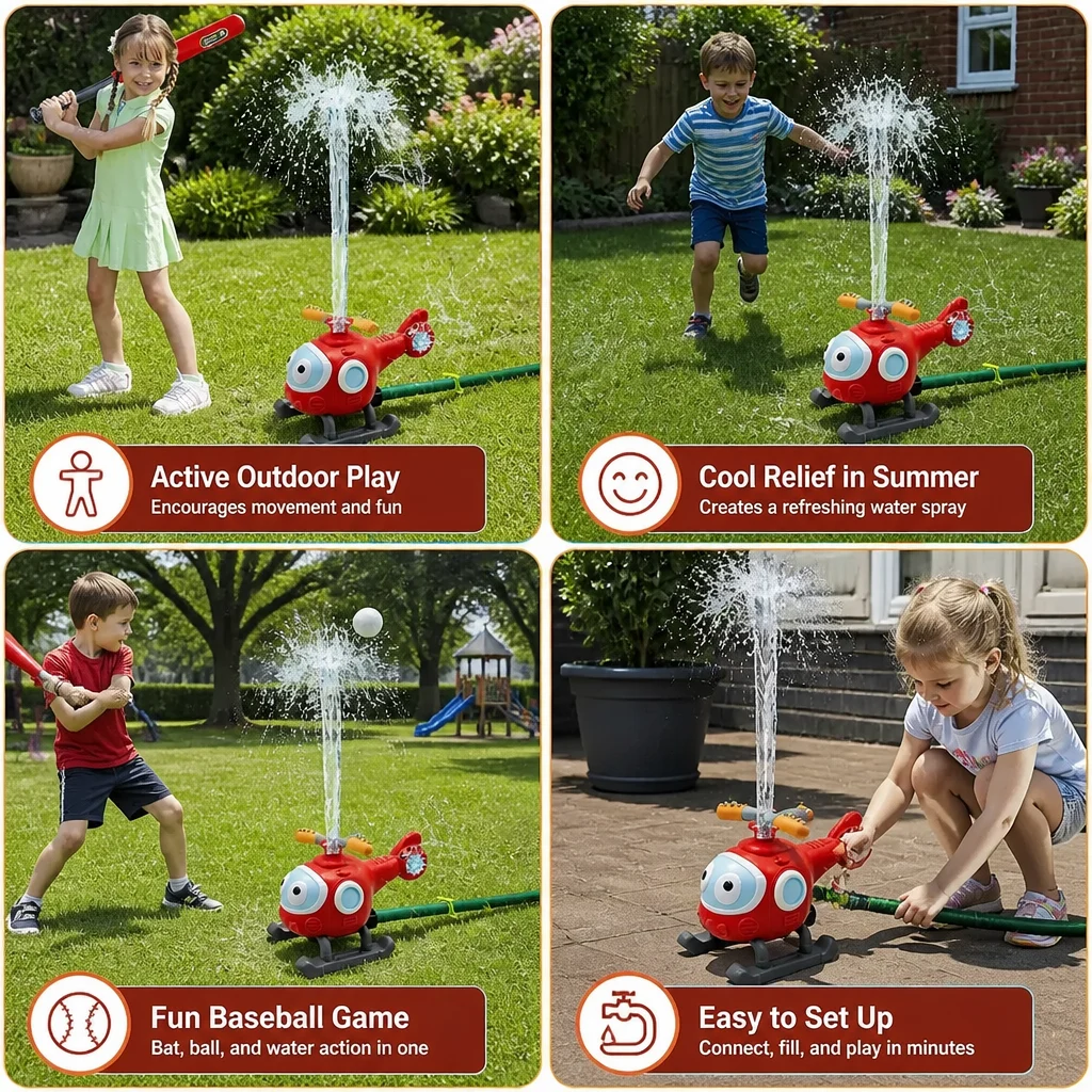 Kids Baseball Helicopter Water Sprinkler for Outdoor Summer Fun