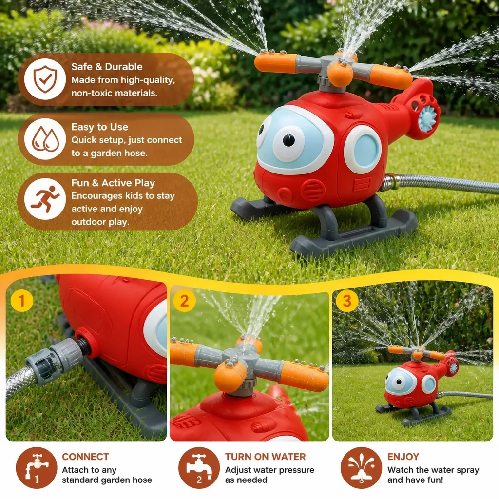 Kids Baseball Helicopter Water Sprinkler for Outdoor Summer Fun