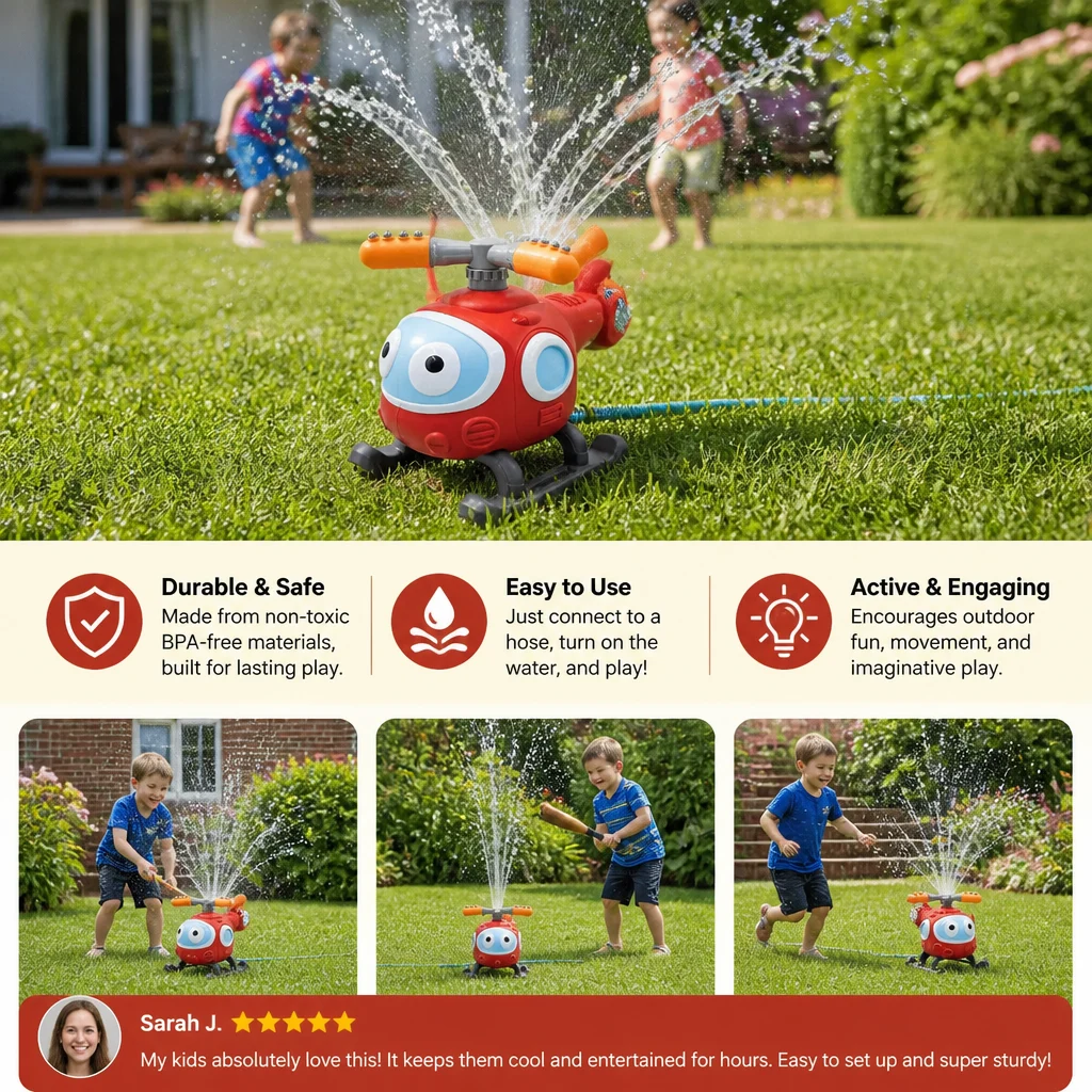 Kids Baseball Helicopter Water Sprinkler for Outdoor Summer Fun