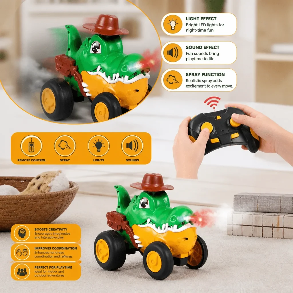 Remote Control Crocodile Stunt Car โ Lights, Spray & Sound Effects