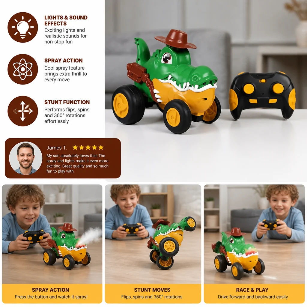 Remote Control Crocodile Stunt Car โ Lights, Spray & Sound Effects