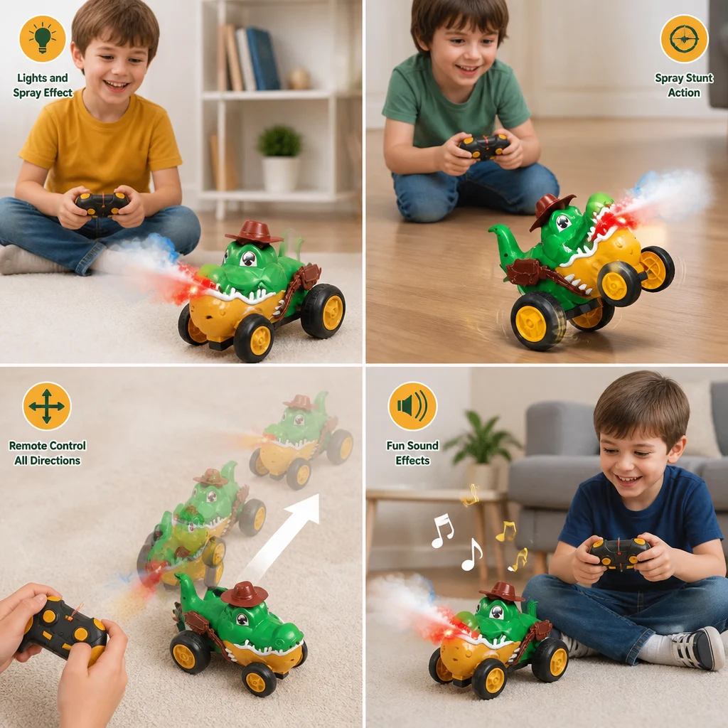 Remote Control Crocodile Stunt Car โ Lights, Spray & Sound Effects