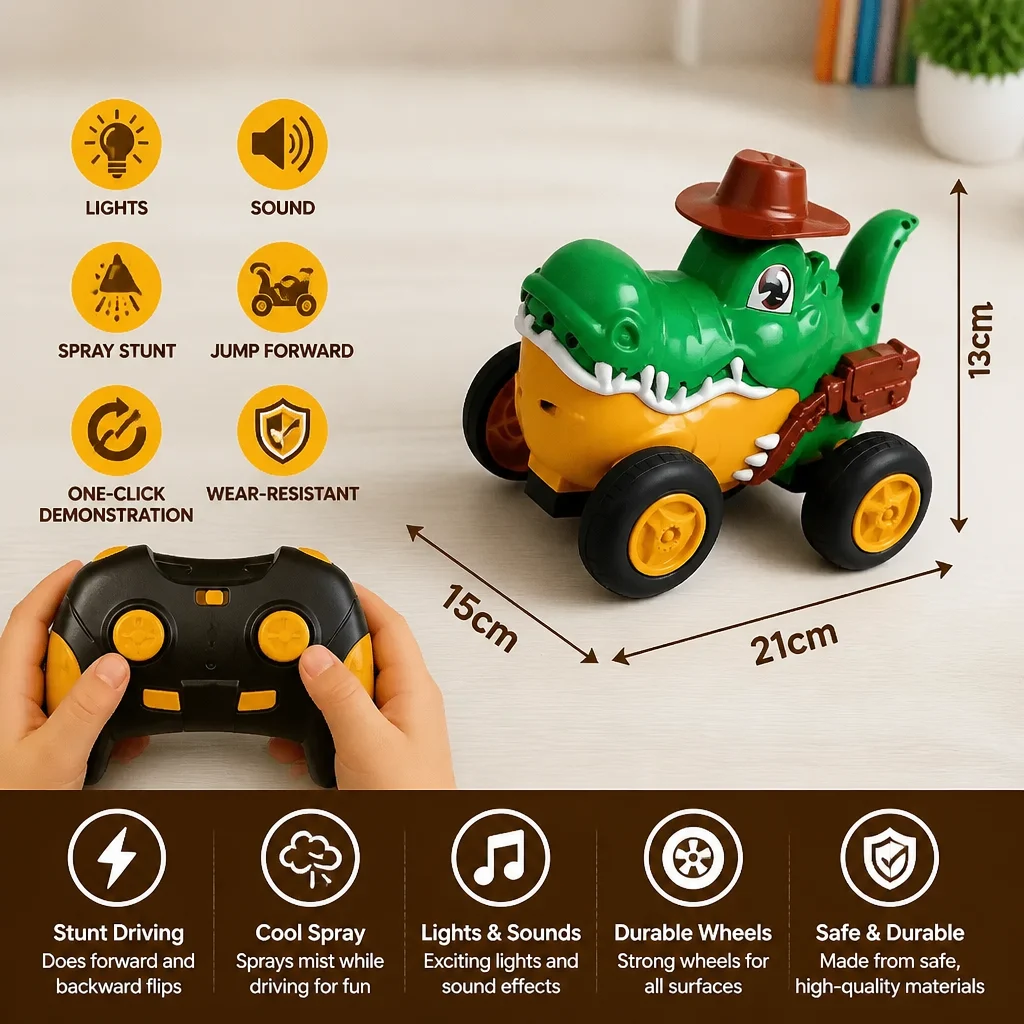 Remote Control Crocodile Stunt Car โ Lights, Spray & Sound Effects
