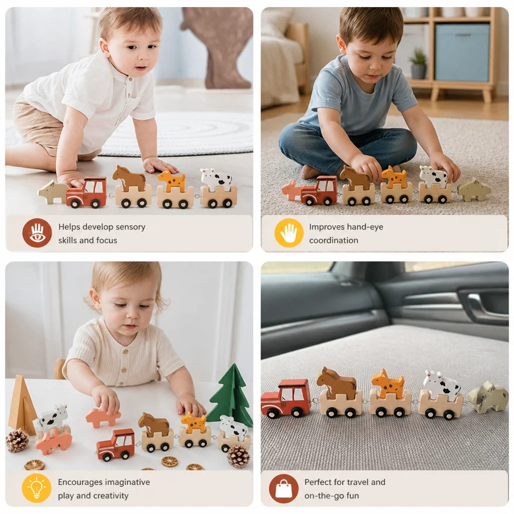 Wooden Farm Animal Train โ Toy with Flexible Wheels for Children