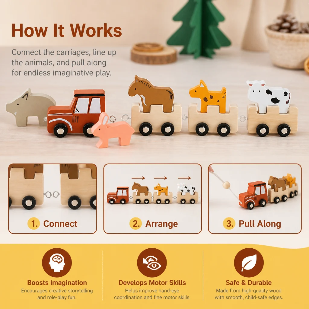 Wooden Farm Animal Train โ Toy with Flexible Wheels for Children