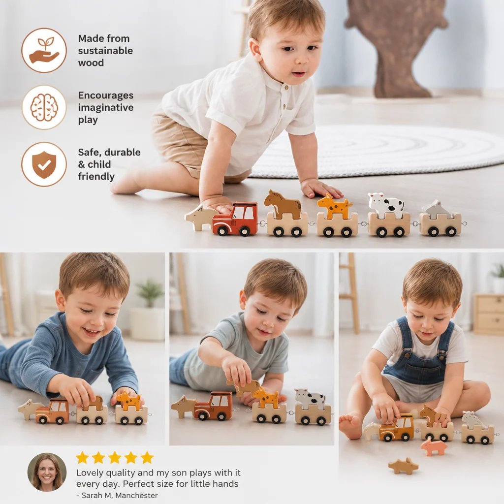 Wooden Farm Animal Train โ Toy with Flexible Wheels for Children