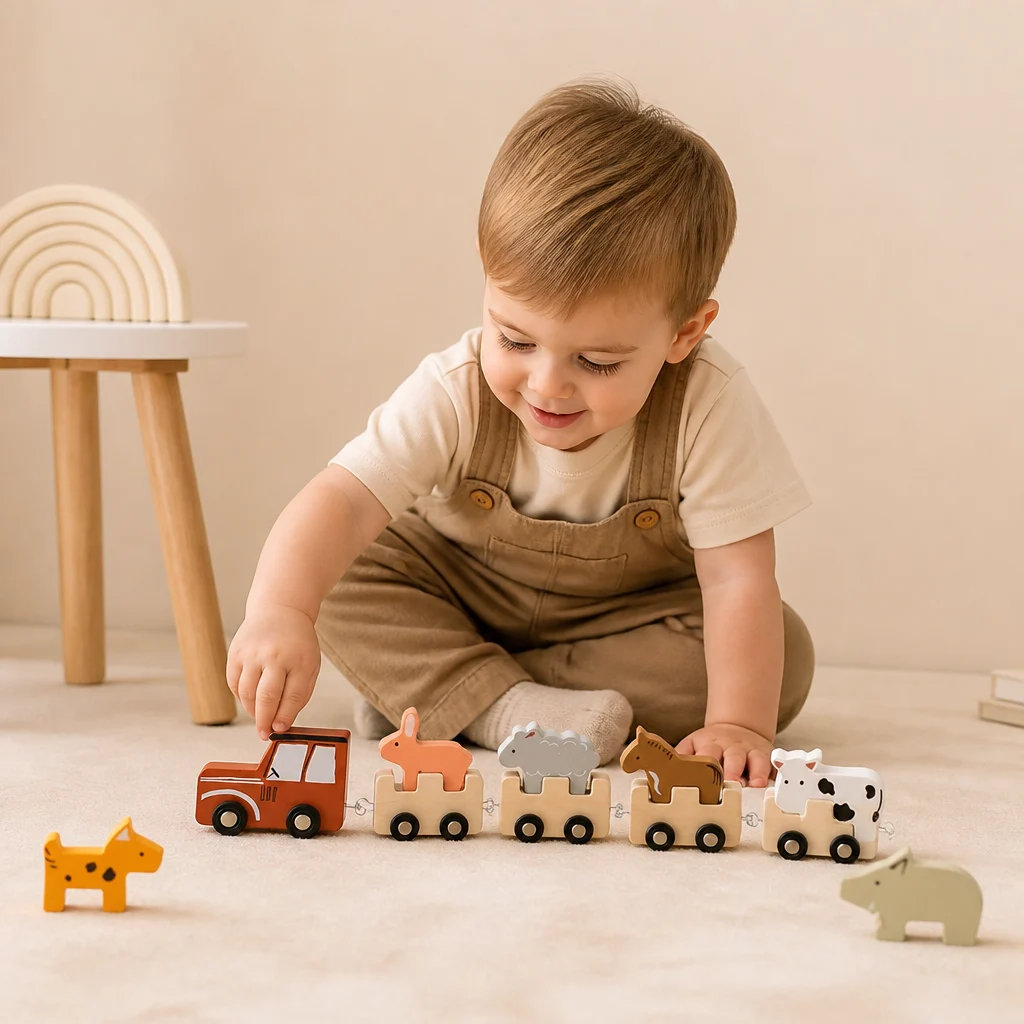 Wooden Farm Animal Train โ Toy with Flexible Wheels for Children